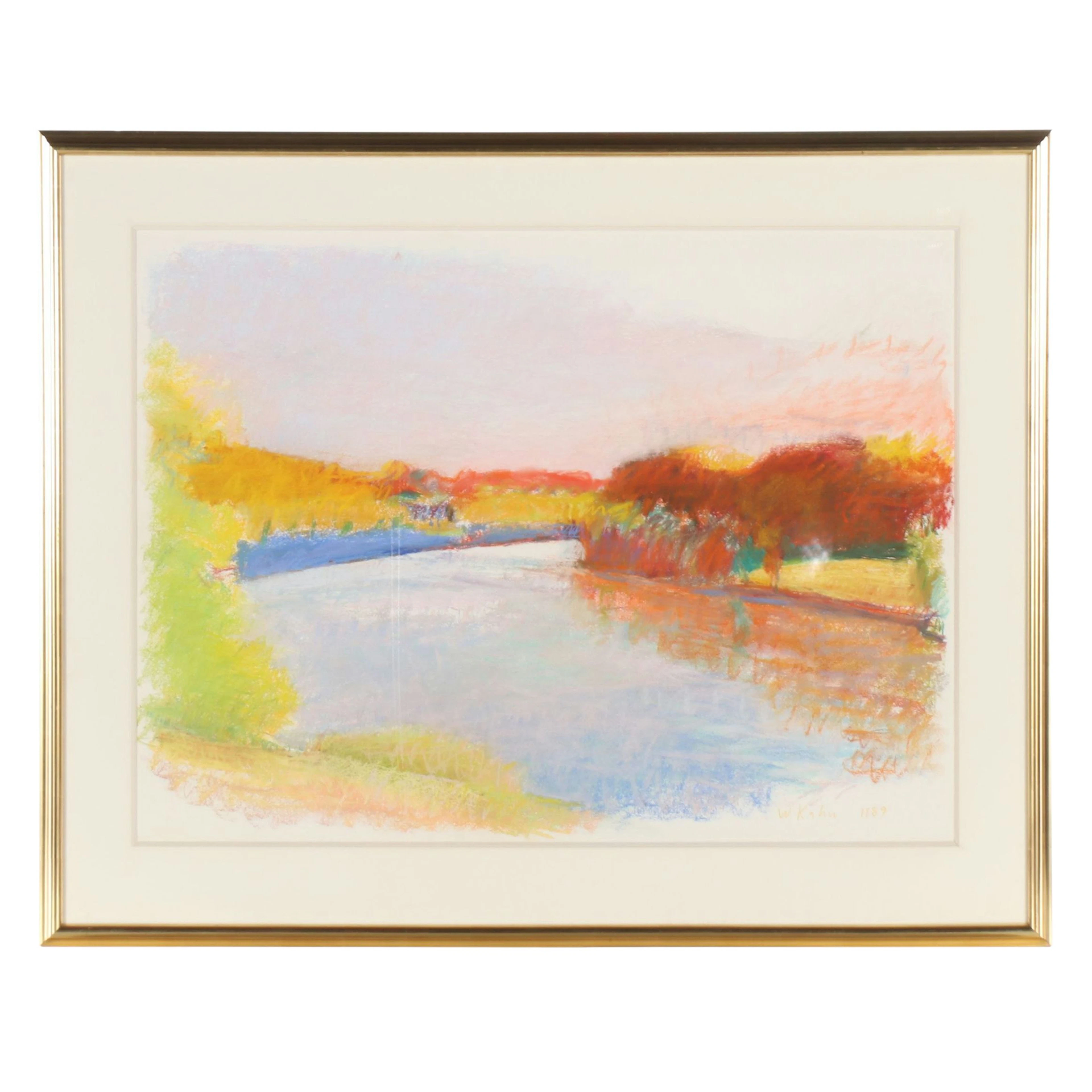 Wolf Kahn Large Scale Oil Pastel on Paper Connecticut River Landscape, 1989