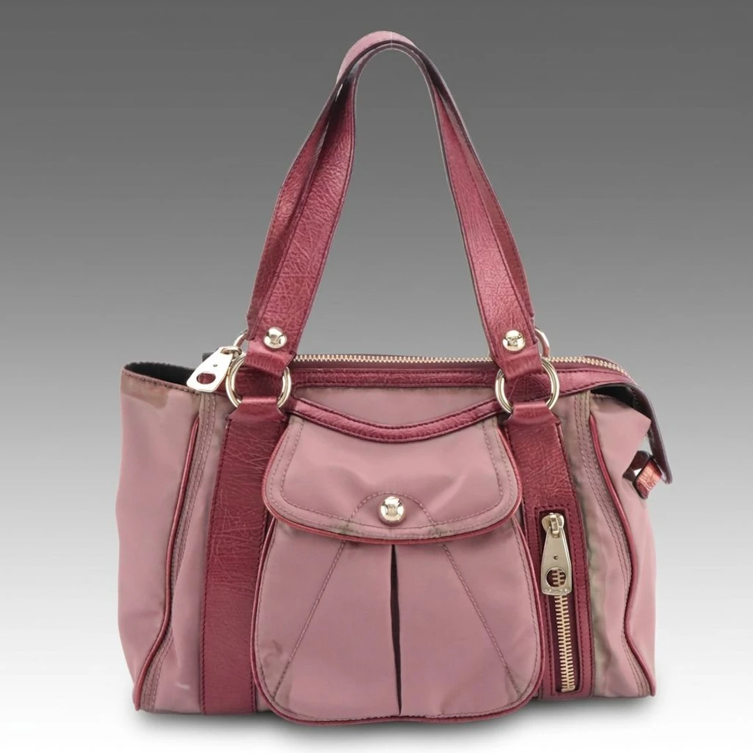 Celine Nylon and Metallic Calfskin Grain Leather Front Pouch Shoulder Bag