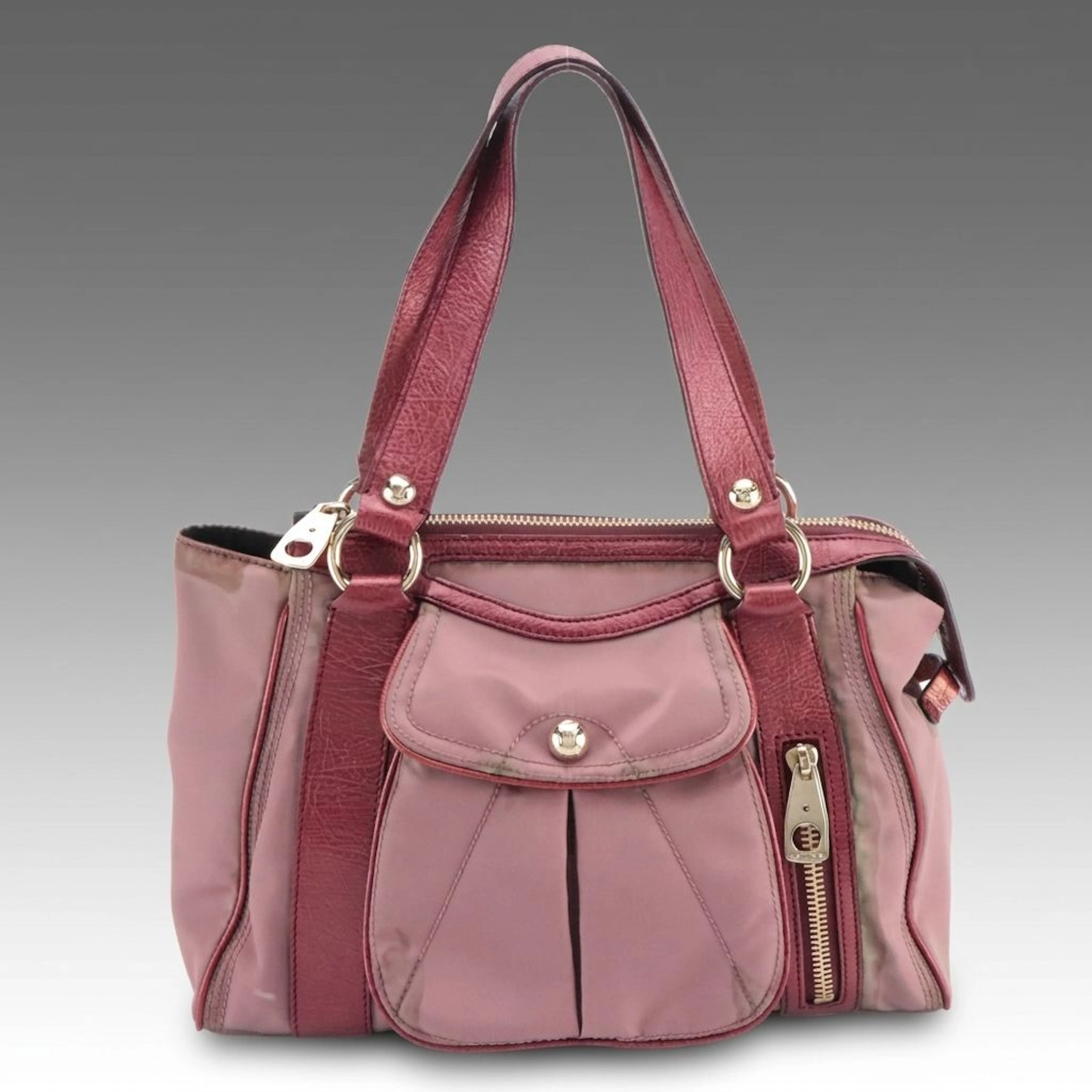 Celine Nylon and Metallic Calfskin Grain Leather Front Pouch Shoulder Bag