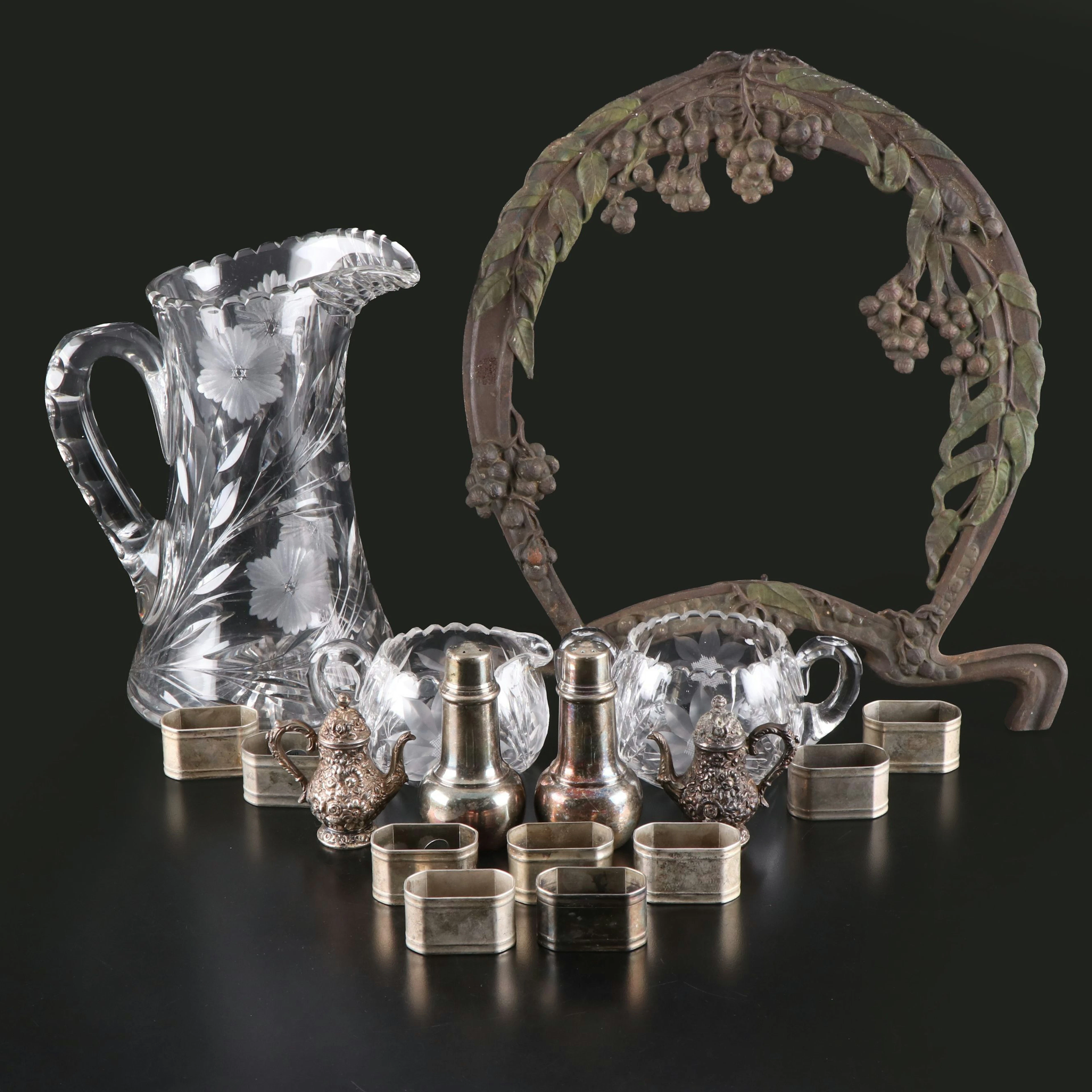 Art Nouveau Cast Iron Mirror or Picture Frame with Glassware, Shakers and More