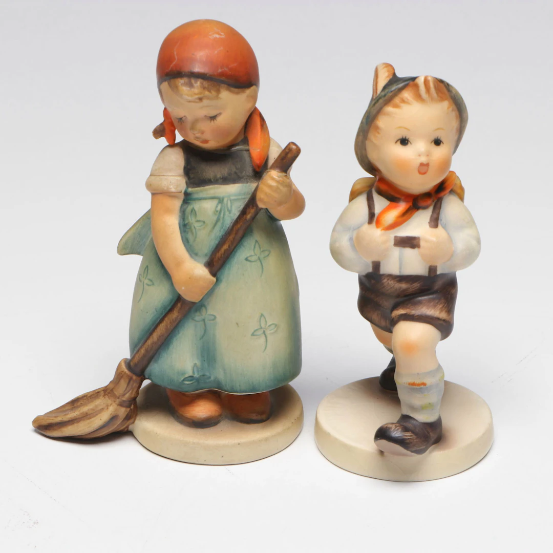 Goebel "School Boy" and "Little Sweeper" Porcelain Hummel Figurines