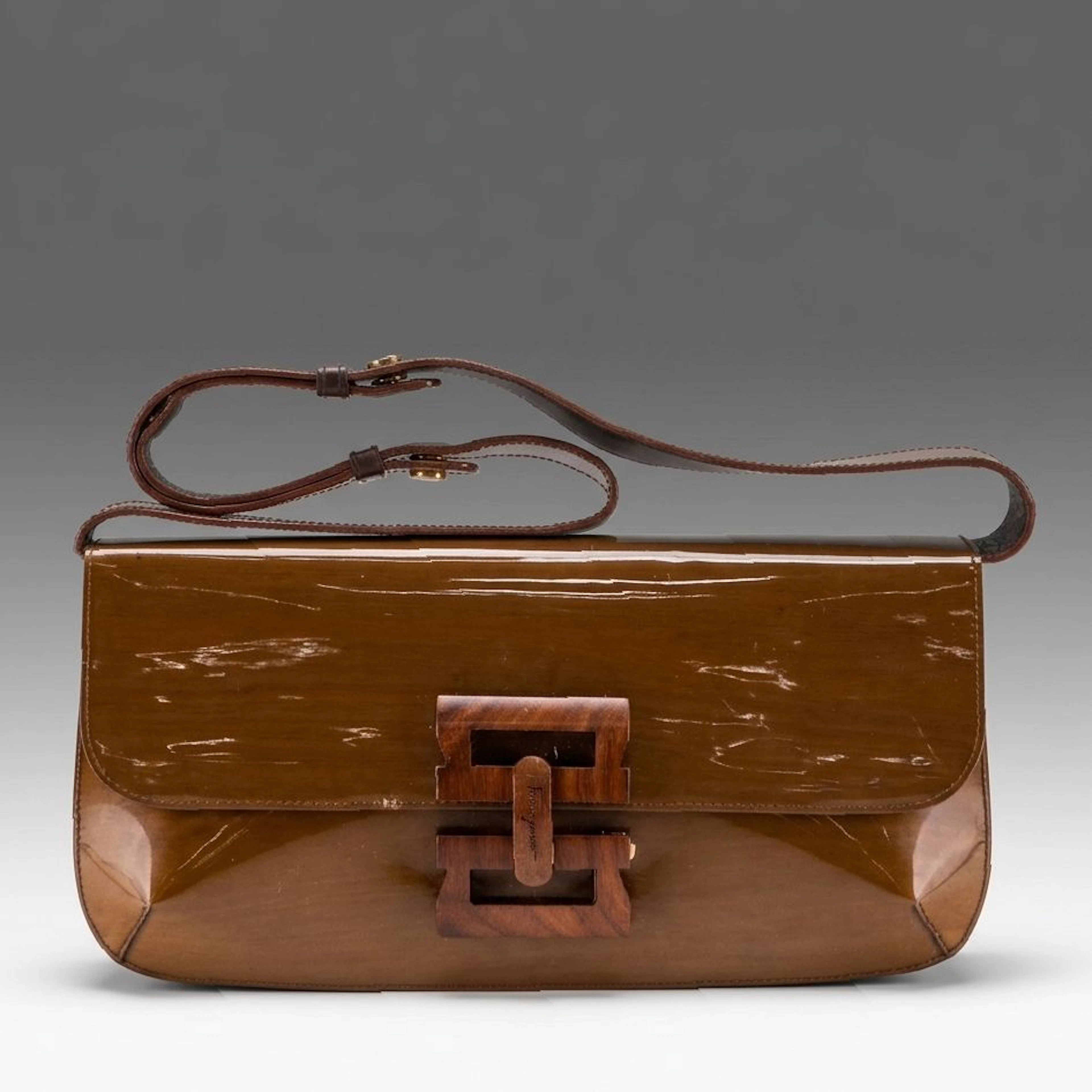 Salvatore Ferragamo Glossy Patent Leather Shoulder Bag with Wooden Clasp