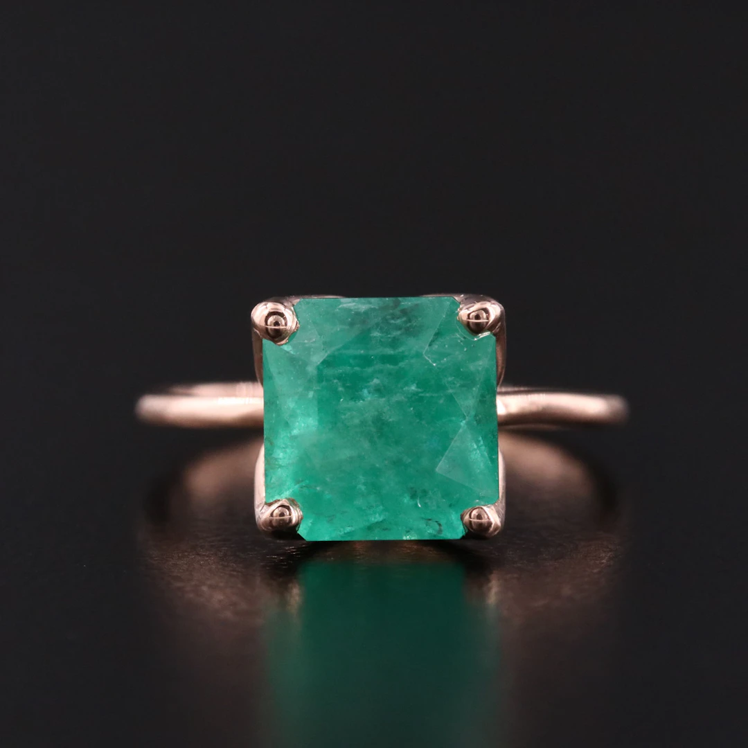 14K Rose Gold 4.40 CT Emerald Solitaire Ring