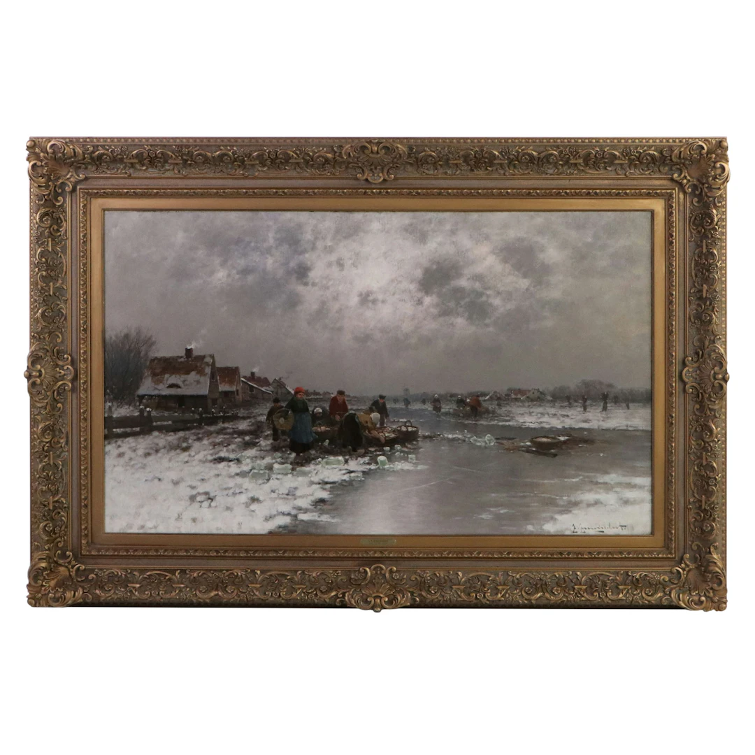 Johann Jungblut Genre Oil Painting of Villagers Harvesting Ice, 19th to 20th C.