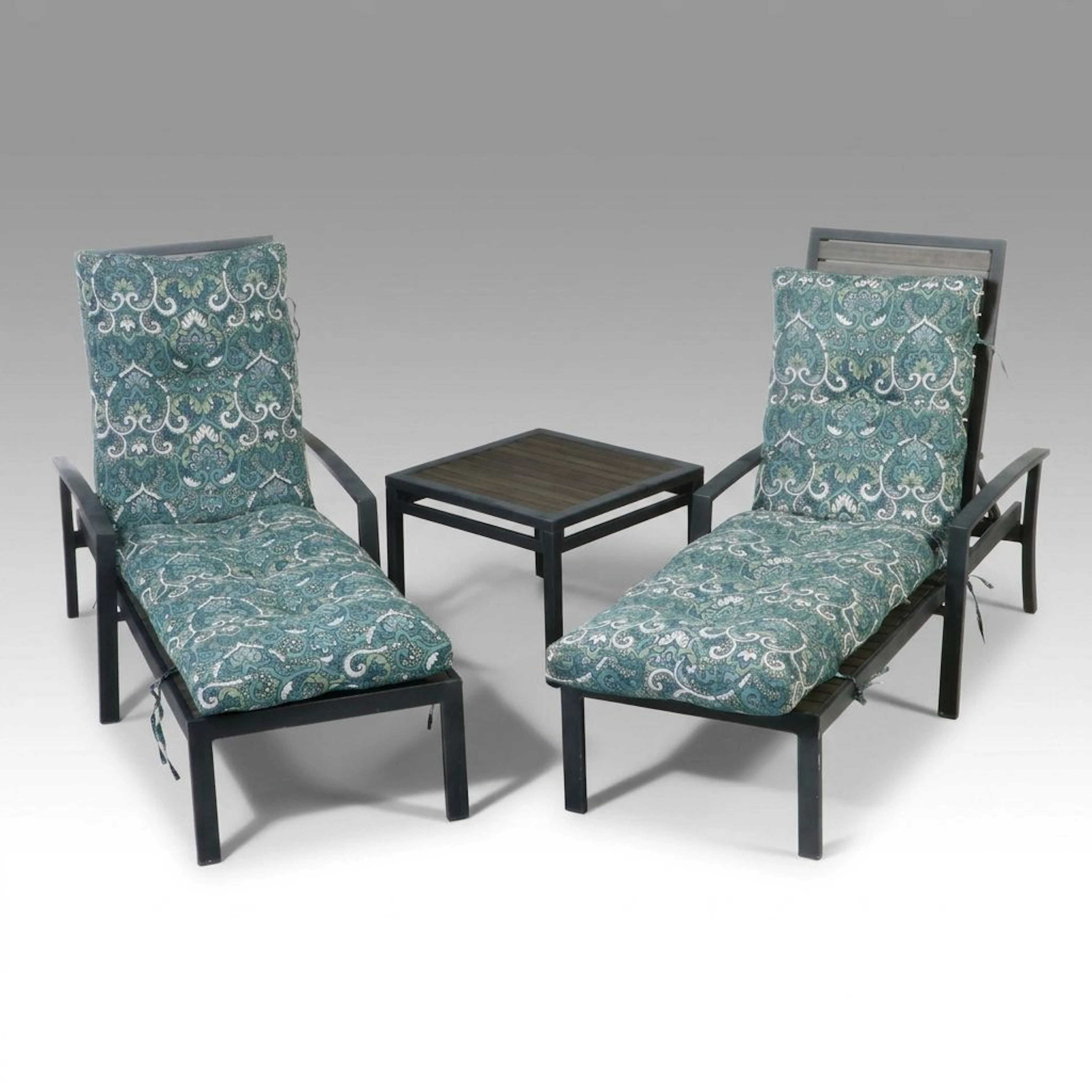 Pair of Patio Chaise Lounges with Cushions and Side Table