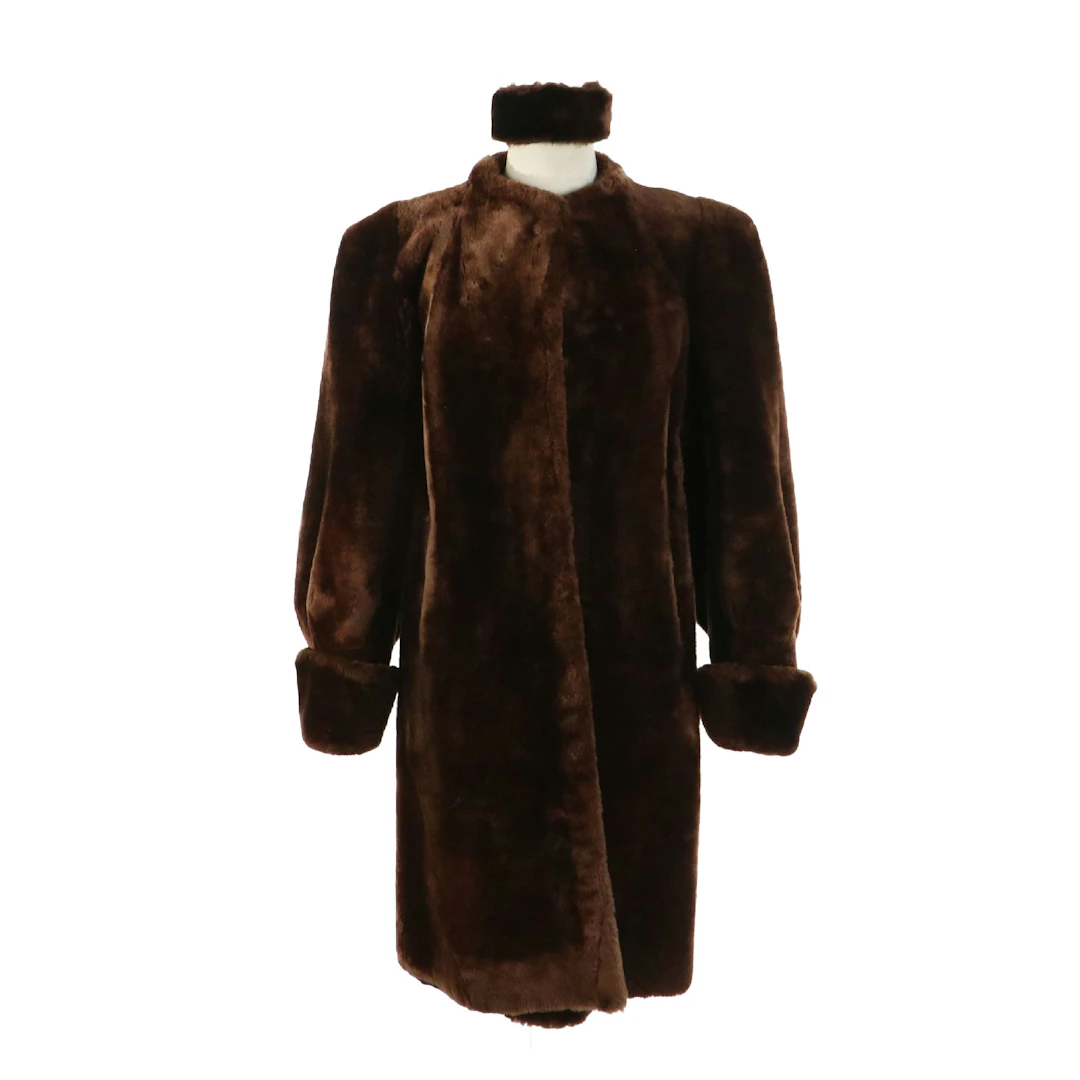 Mouton Fur Collarless Balloon Sleeve Swing Coat with Headband, Vintage