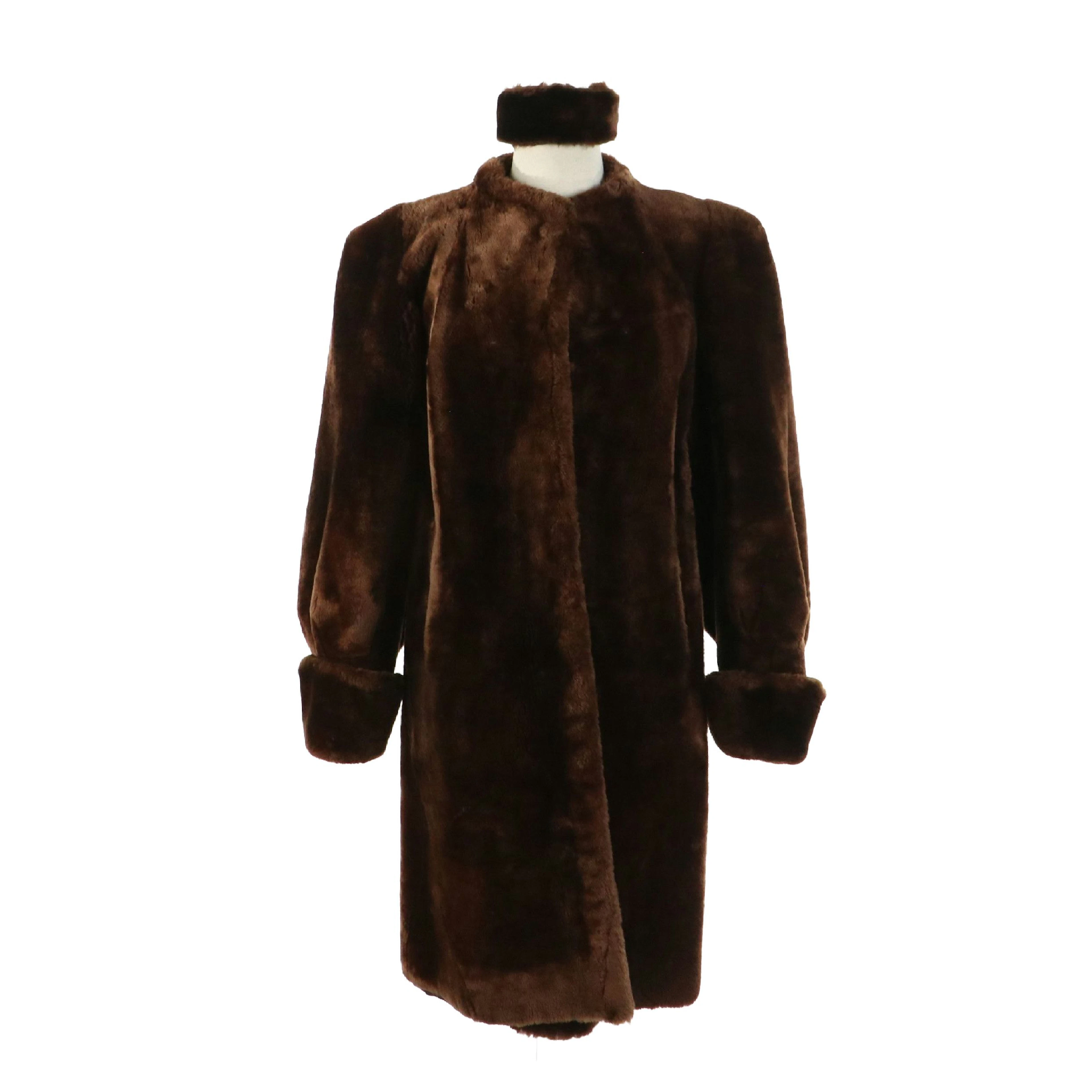Mouton Fur Collarless Balloon Sleeve Swing Coat with Headband, Vintage