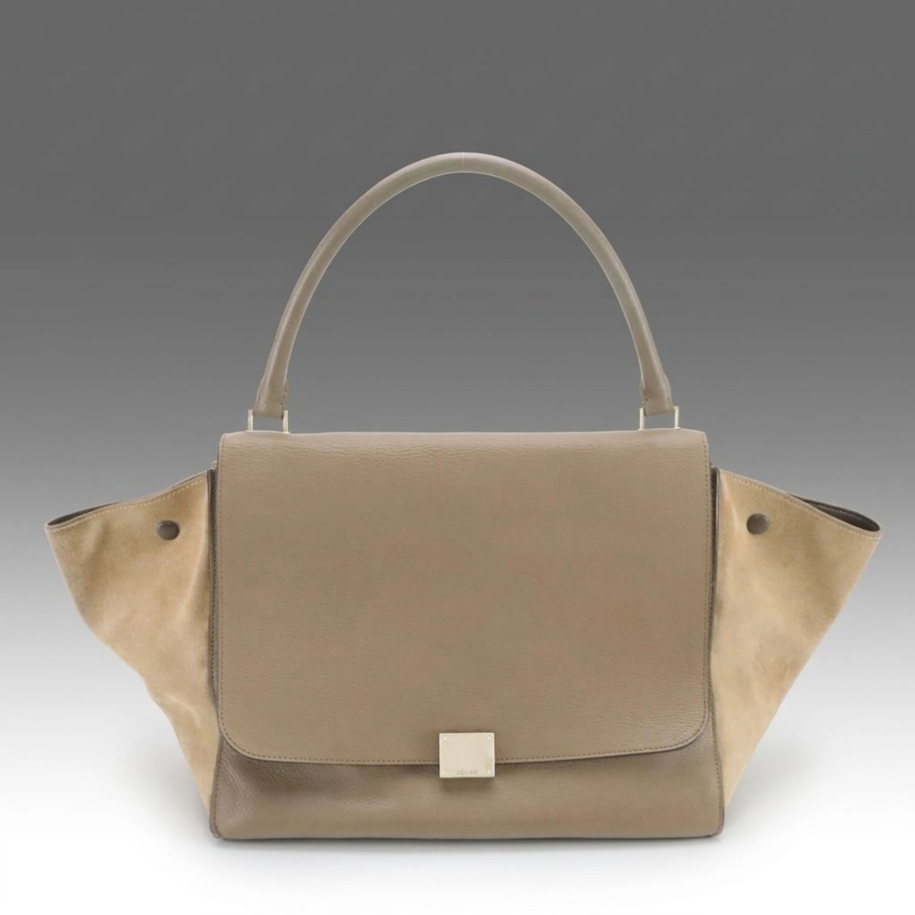 Céline Large Trapeze Shoulder Bag in Grey Grained Calfskin Leather and Suede