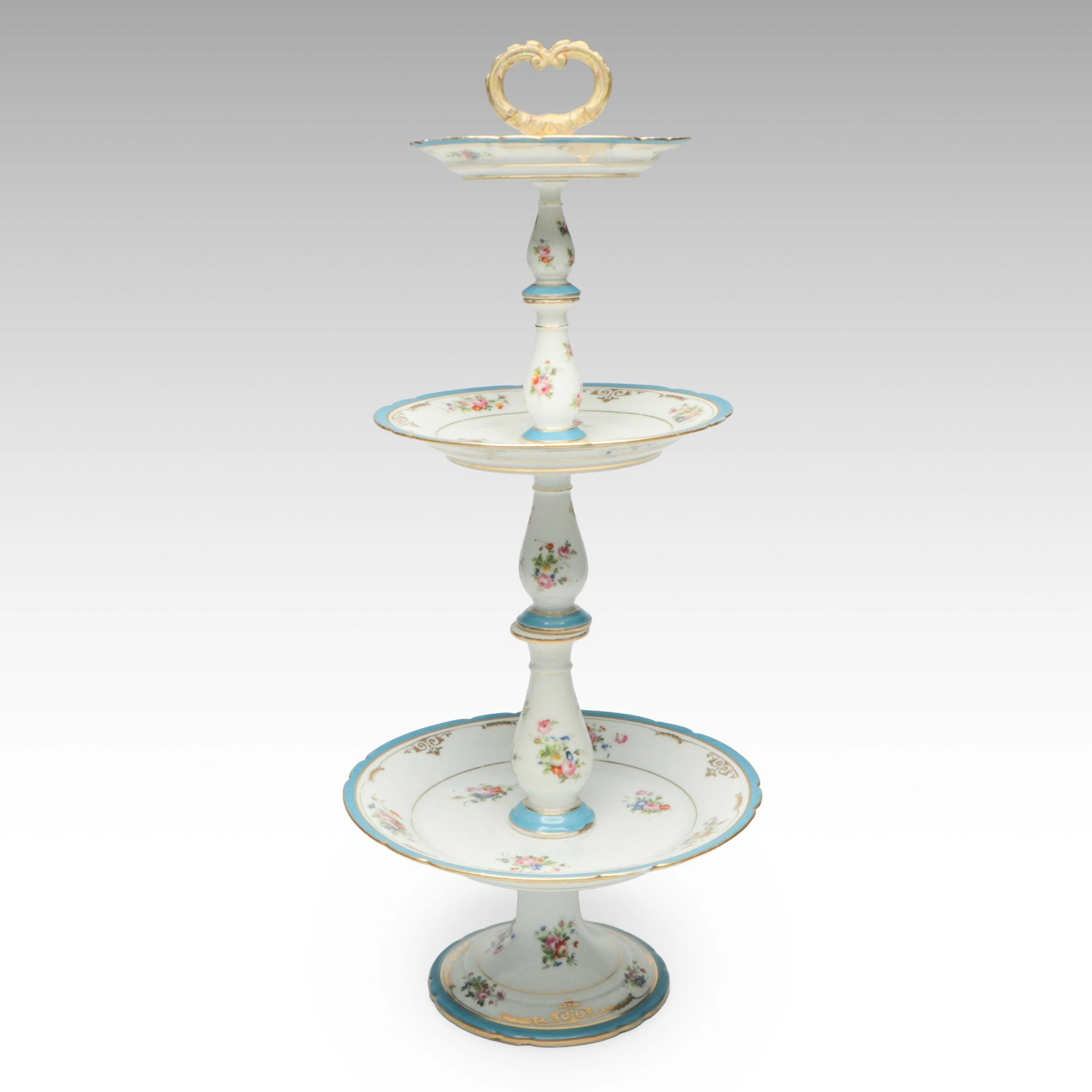 European Floral Hand-Painted Three-Tiered Porcelain Dessert Stand, Vintage
