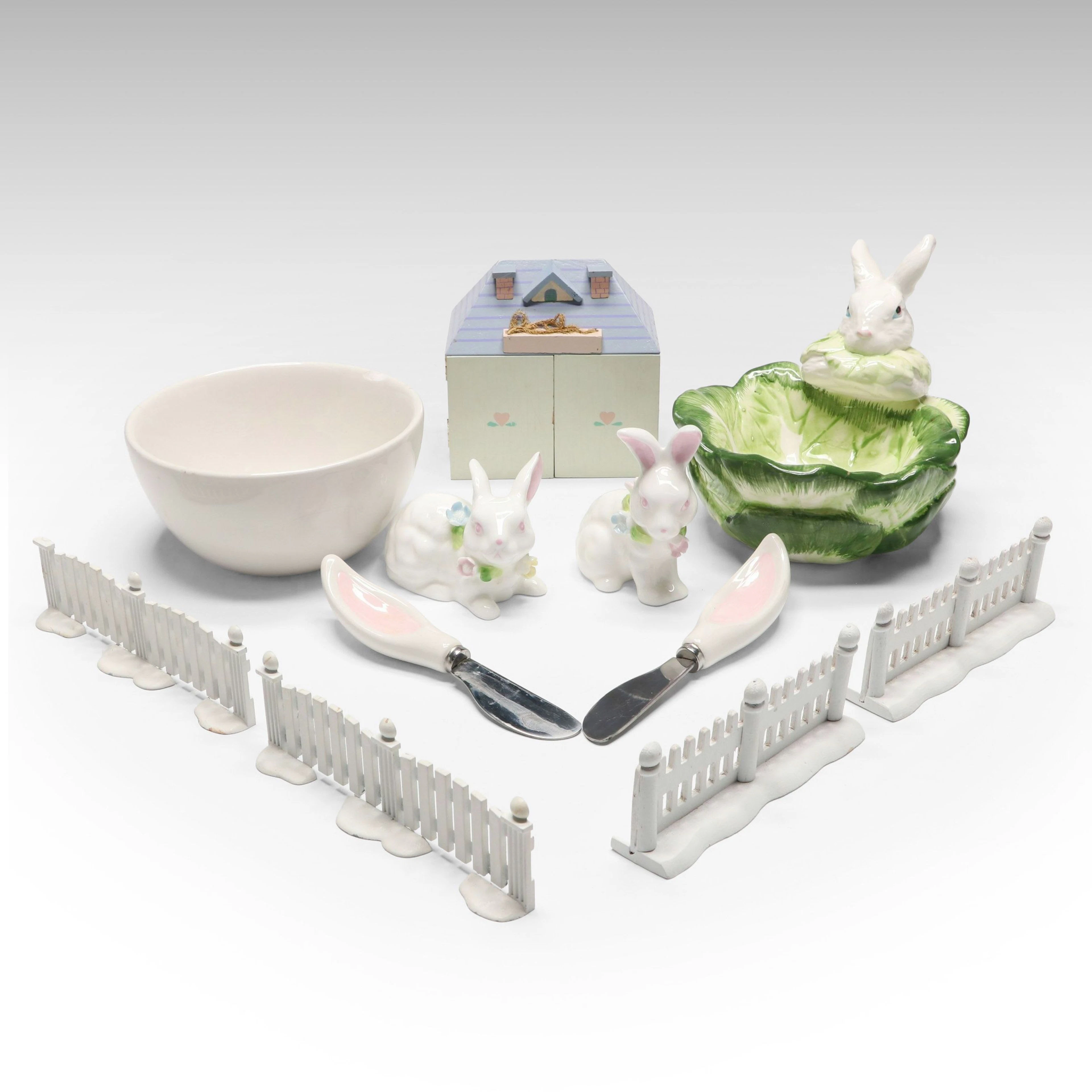 Easter Floral Rabbit Figurines, Bowls, House and Butter Spreaders