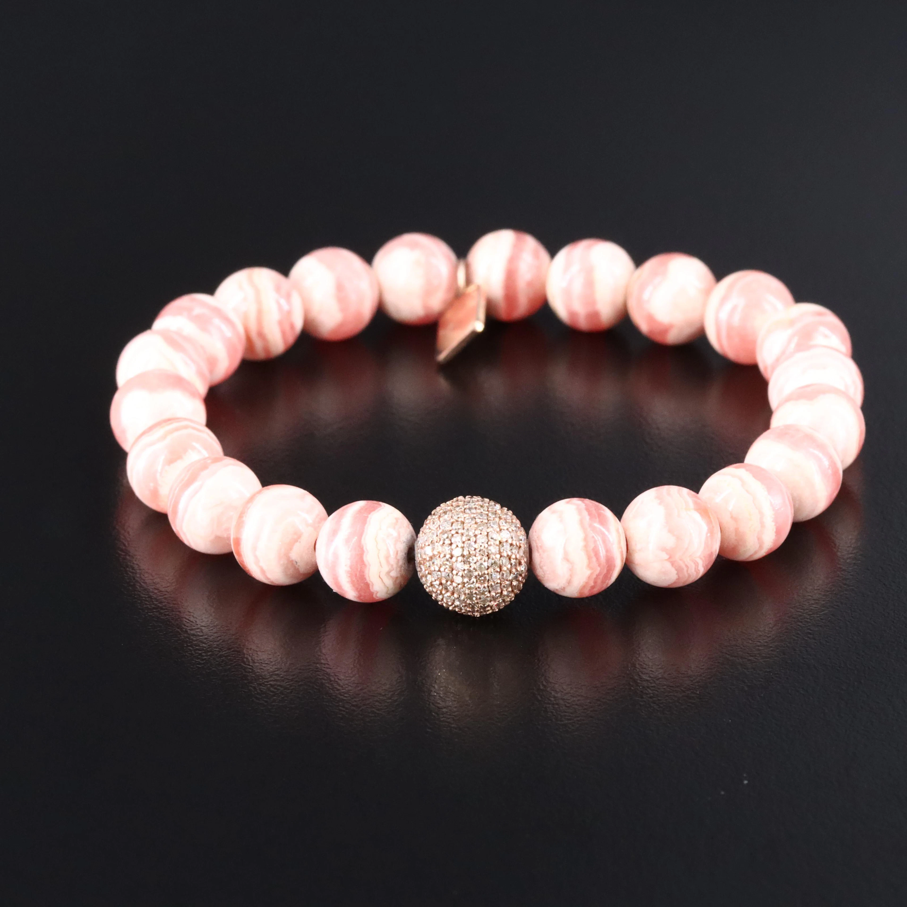 Sheryl Lowe 14K Rose Gold Rhodochrosite and Diamond Pavé Accent Bead Bracelet