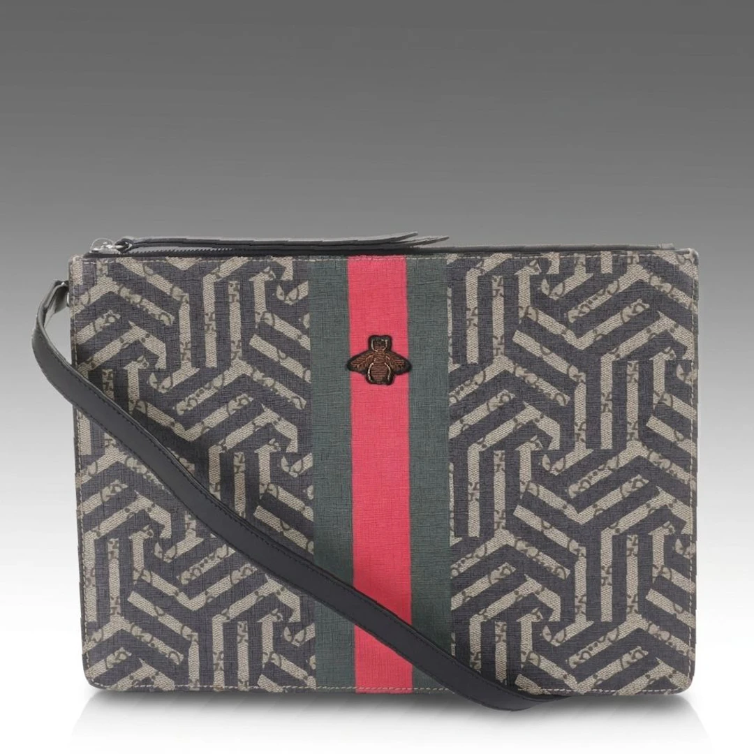 Gucci Caleido Web Portfolio Zip Clutch with Embroidered Bee Emblem