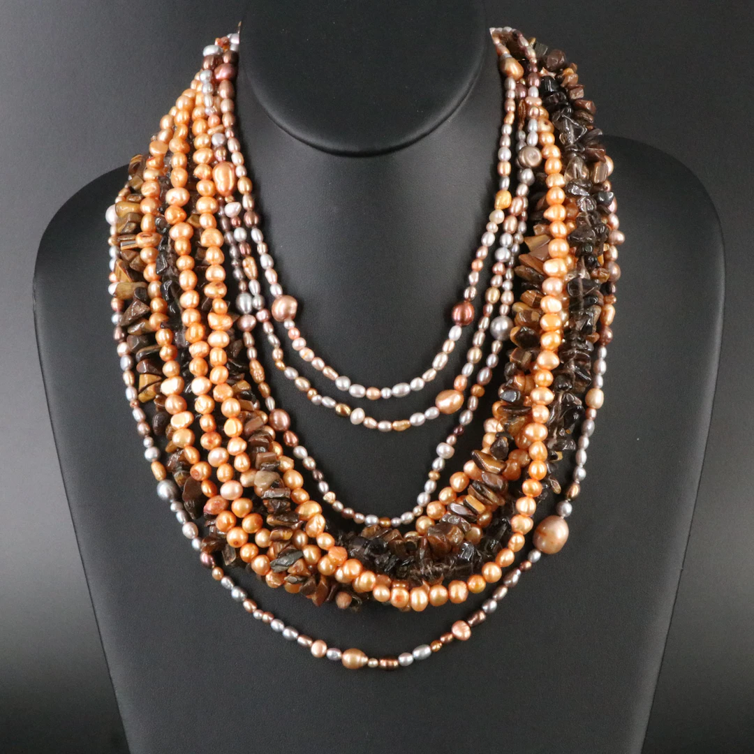 Pearl Tiered and Rope Length Necklaces Featuring Tiger's Eye & Smoky Quartz