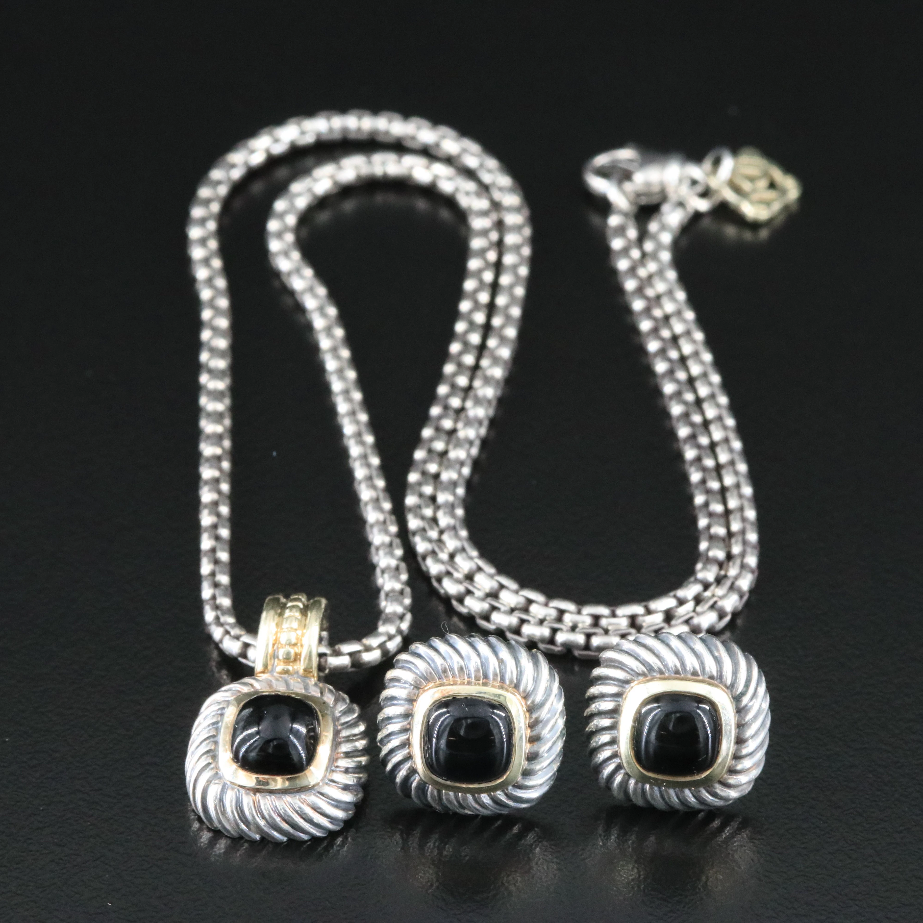 David Yurman Albion Sterling Black Onyx Enhancer Pendant Necklace and Earrings