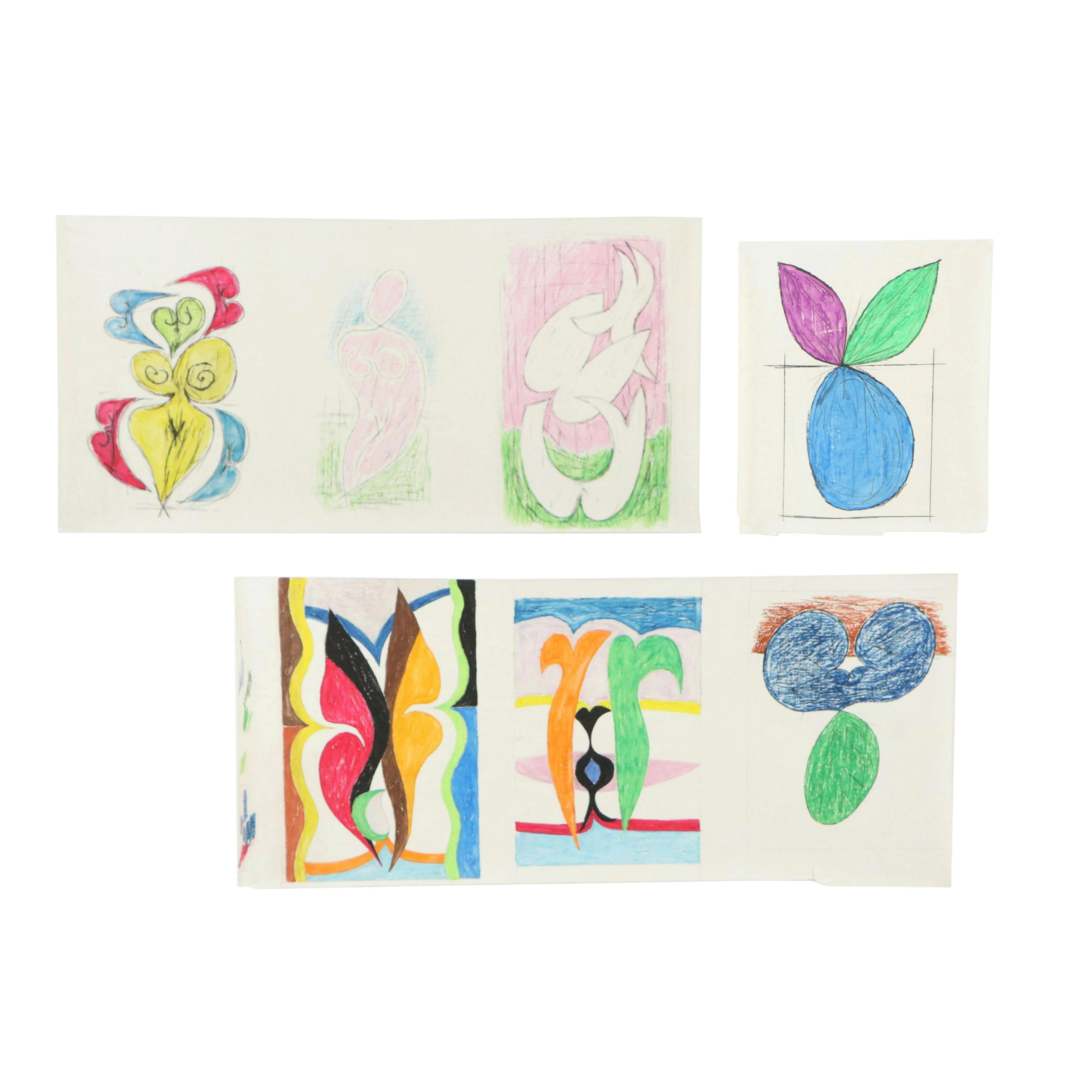 Achi Sullo Modernist Mixed Media Drawings, Mid to Late 20th Century