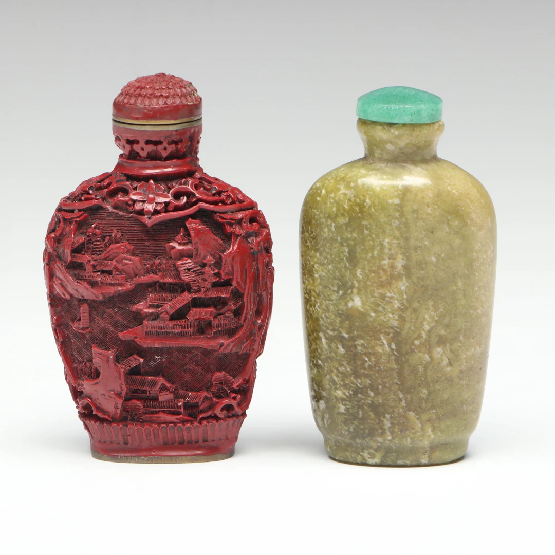 Chinese Carved Serpentine and Cinnabar Style Resin Snuff Bottles