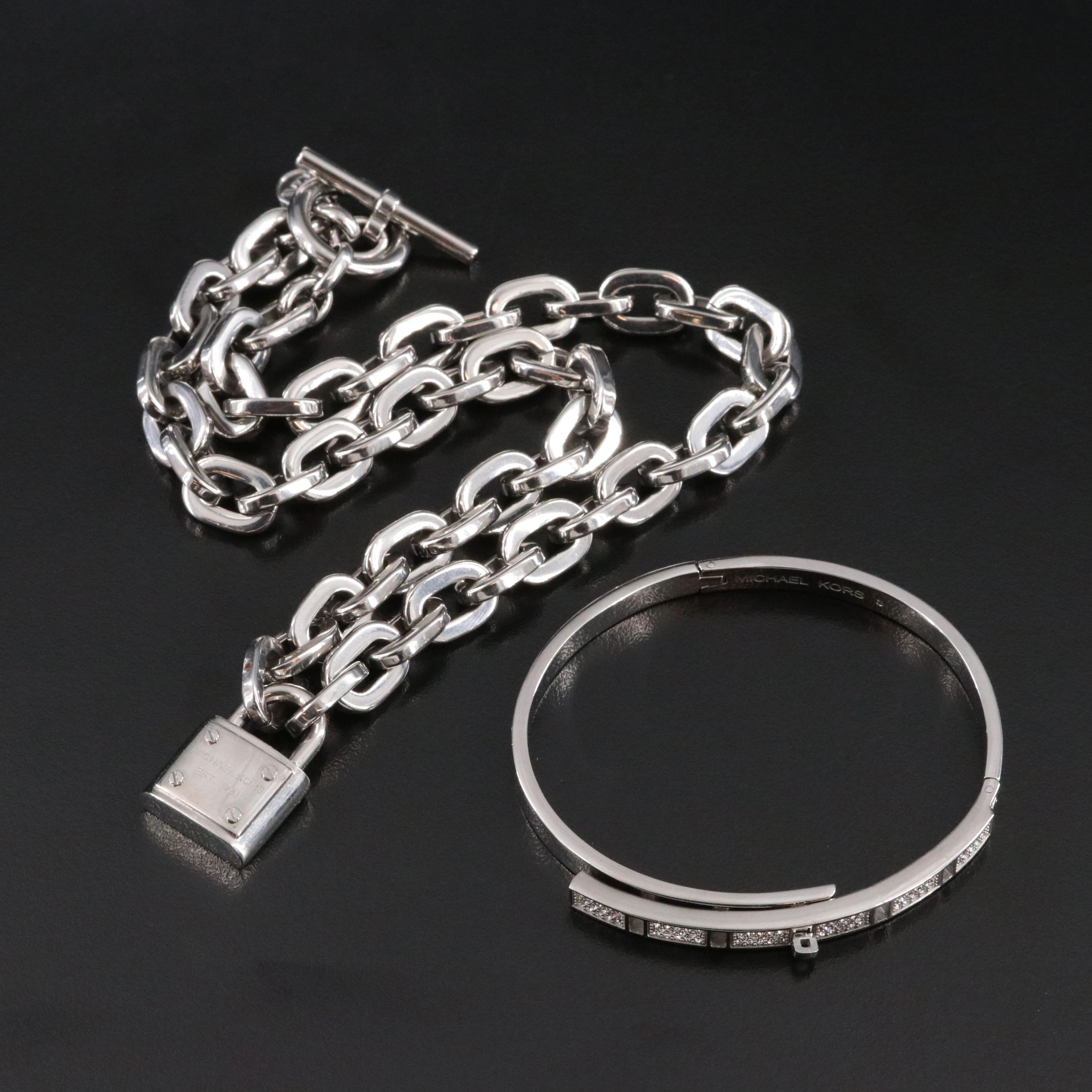 Michael Kors Padlock Necklace and Turnlock Crystal Bangle Bracelet