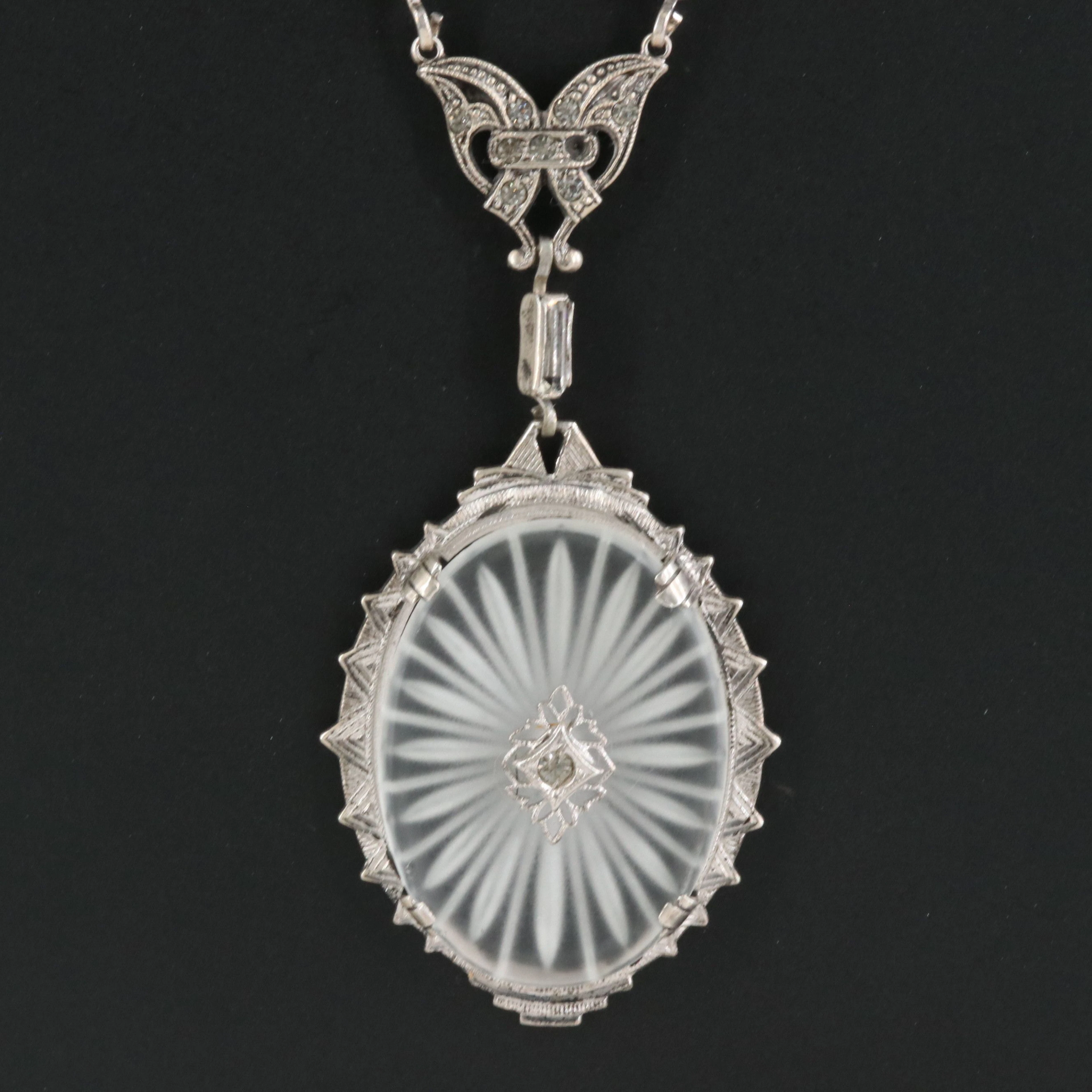Sterling Camphor Glass and Crystal Art Deco Style Carved Floral Motif Necklace