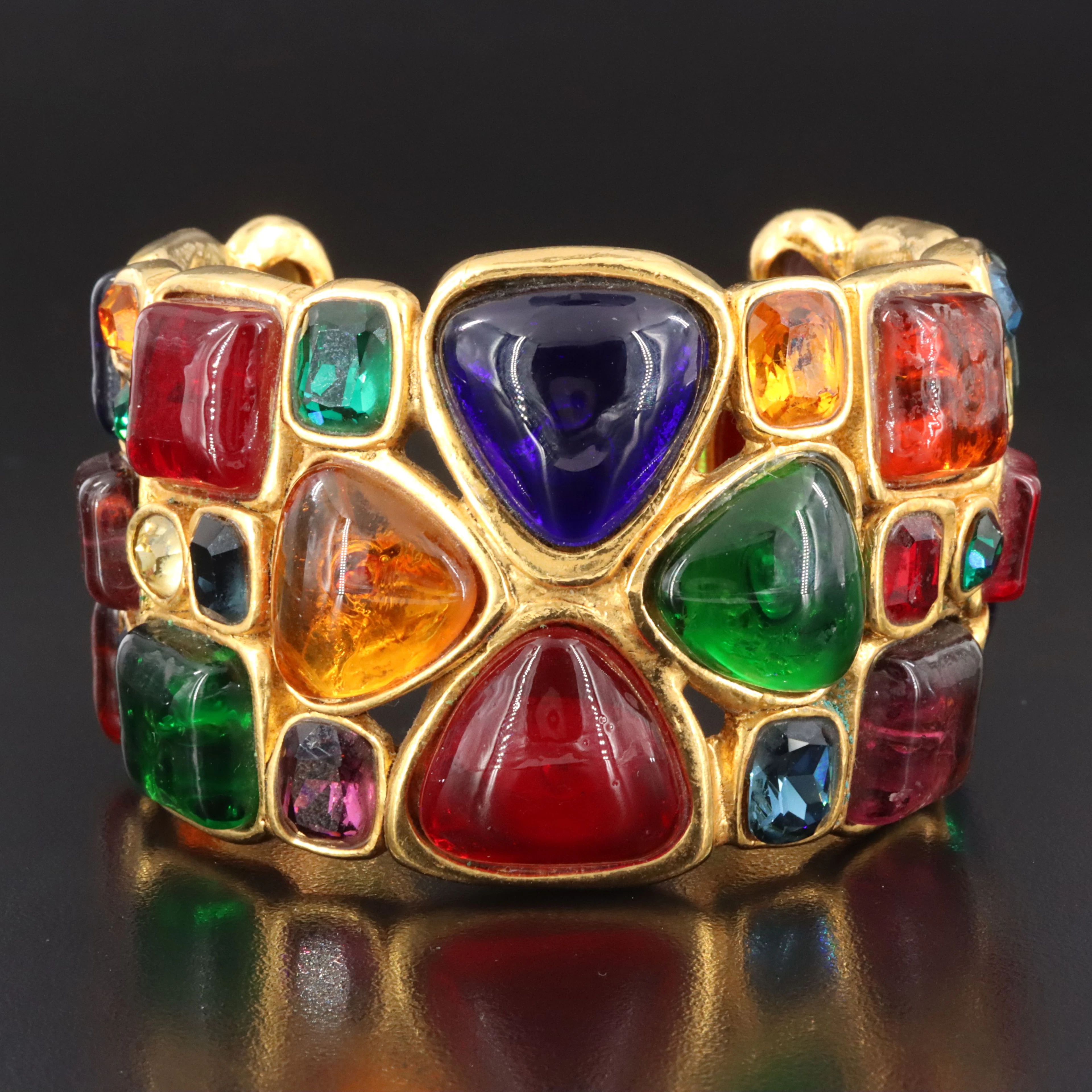 Chanel Jewel-Tone Gripoix Glass and Strass Cuff Bracelet 1989