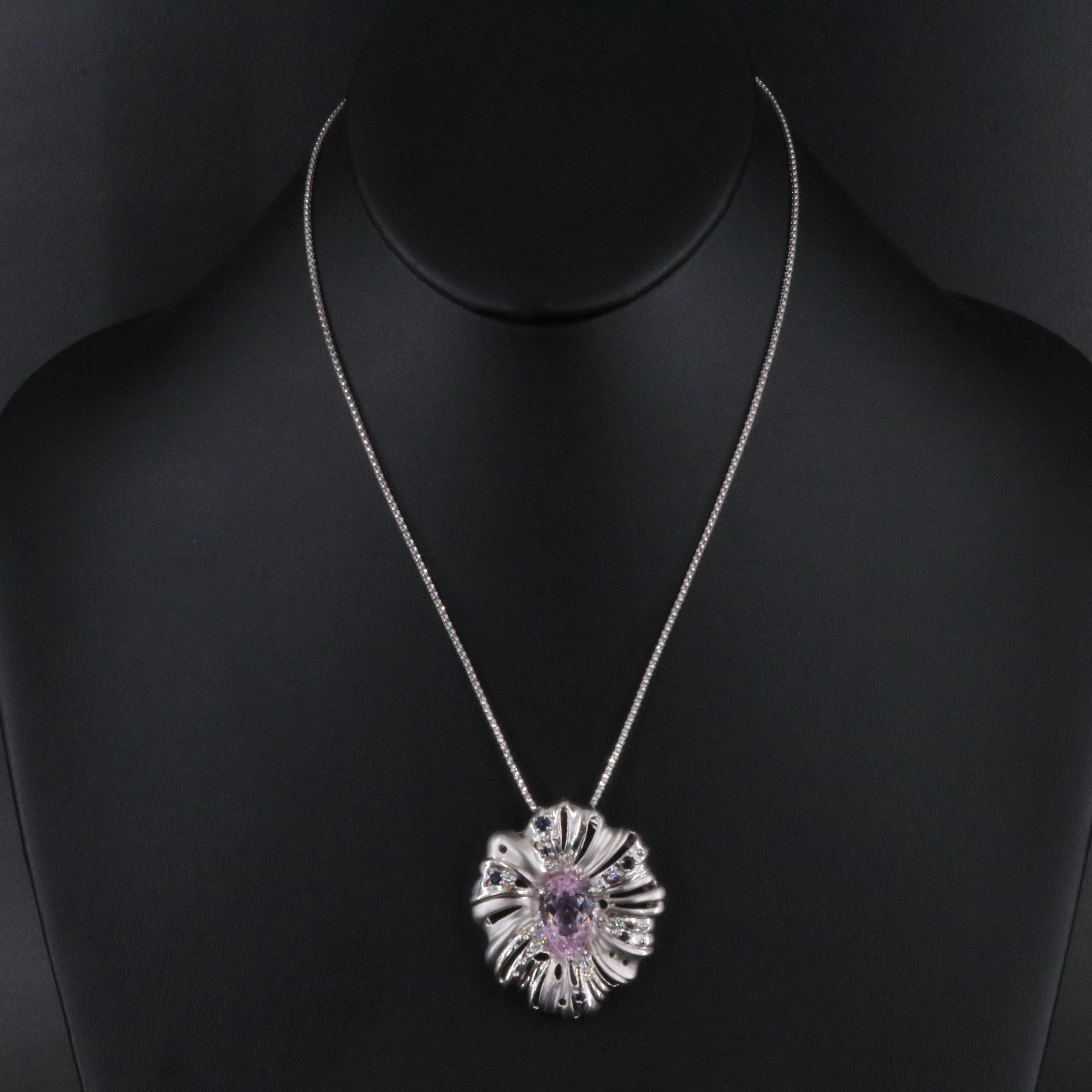 18K Kunzite, Sapphire and Diamond Pendant on Adjustable Popcorn Chain Necklace