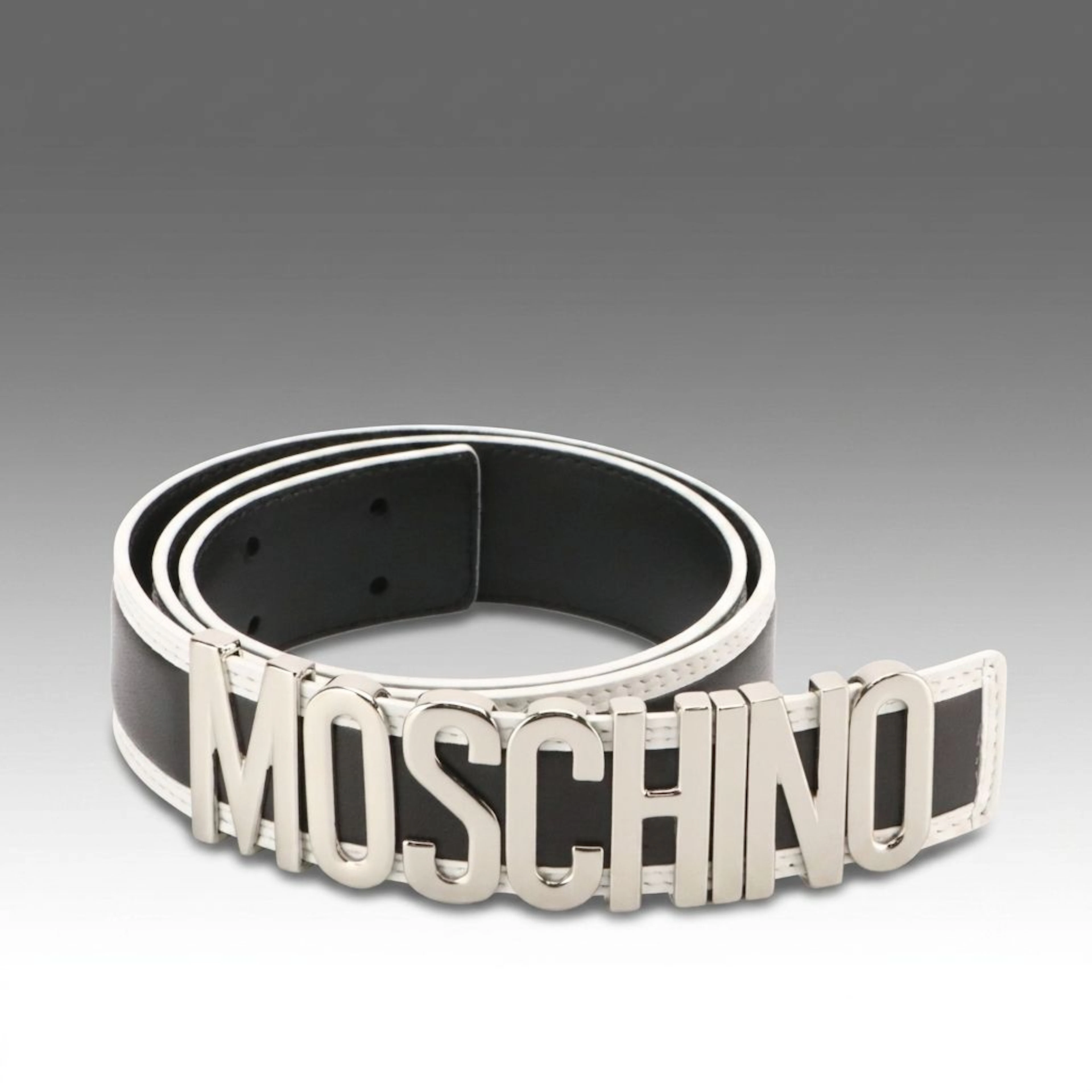 Moschino Skinny Calfskin Leather Belt in Black and White Trim