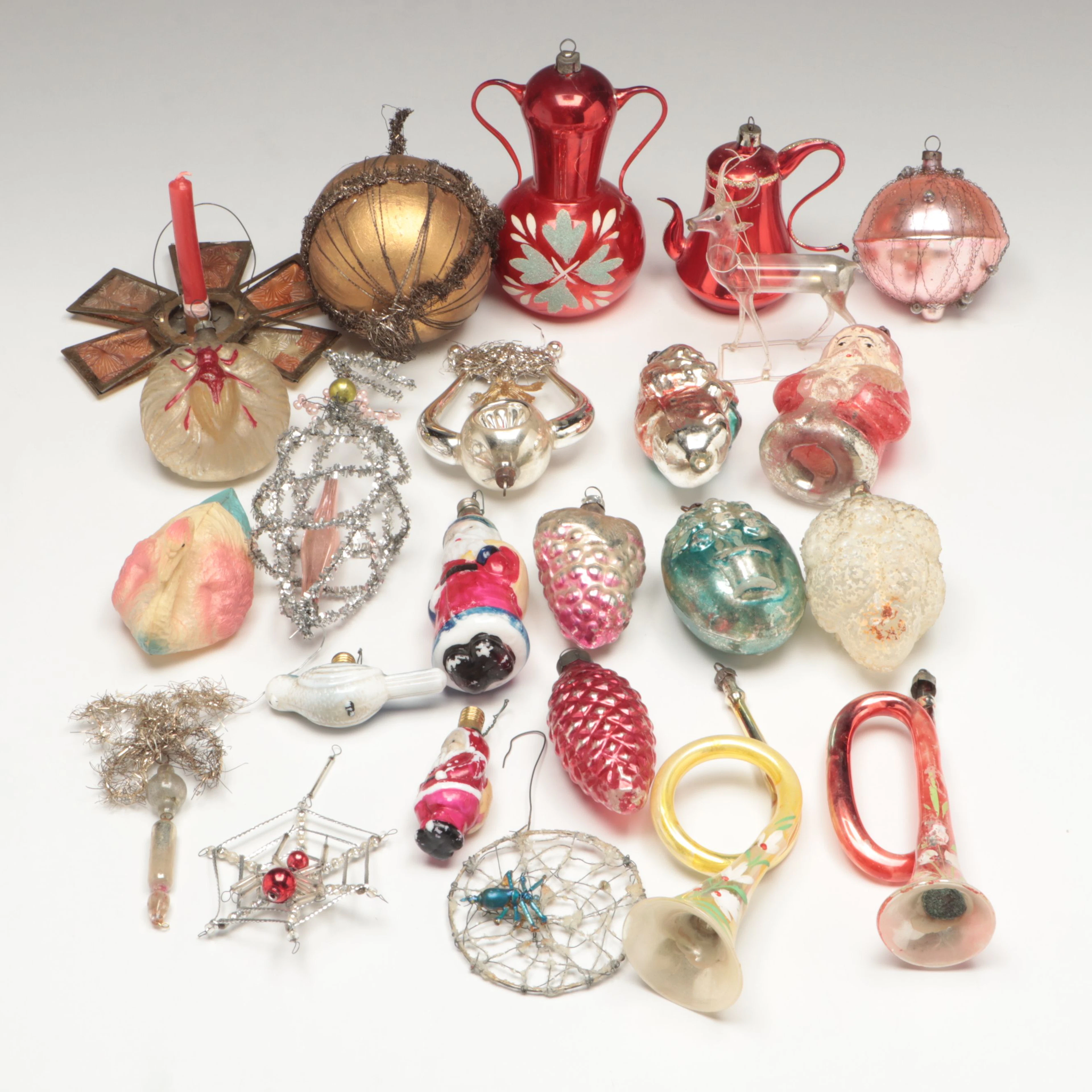 Beaded Spider on Web, Glass Trumpet, and More Ornaments, Victorian/Antique