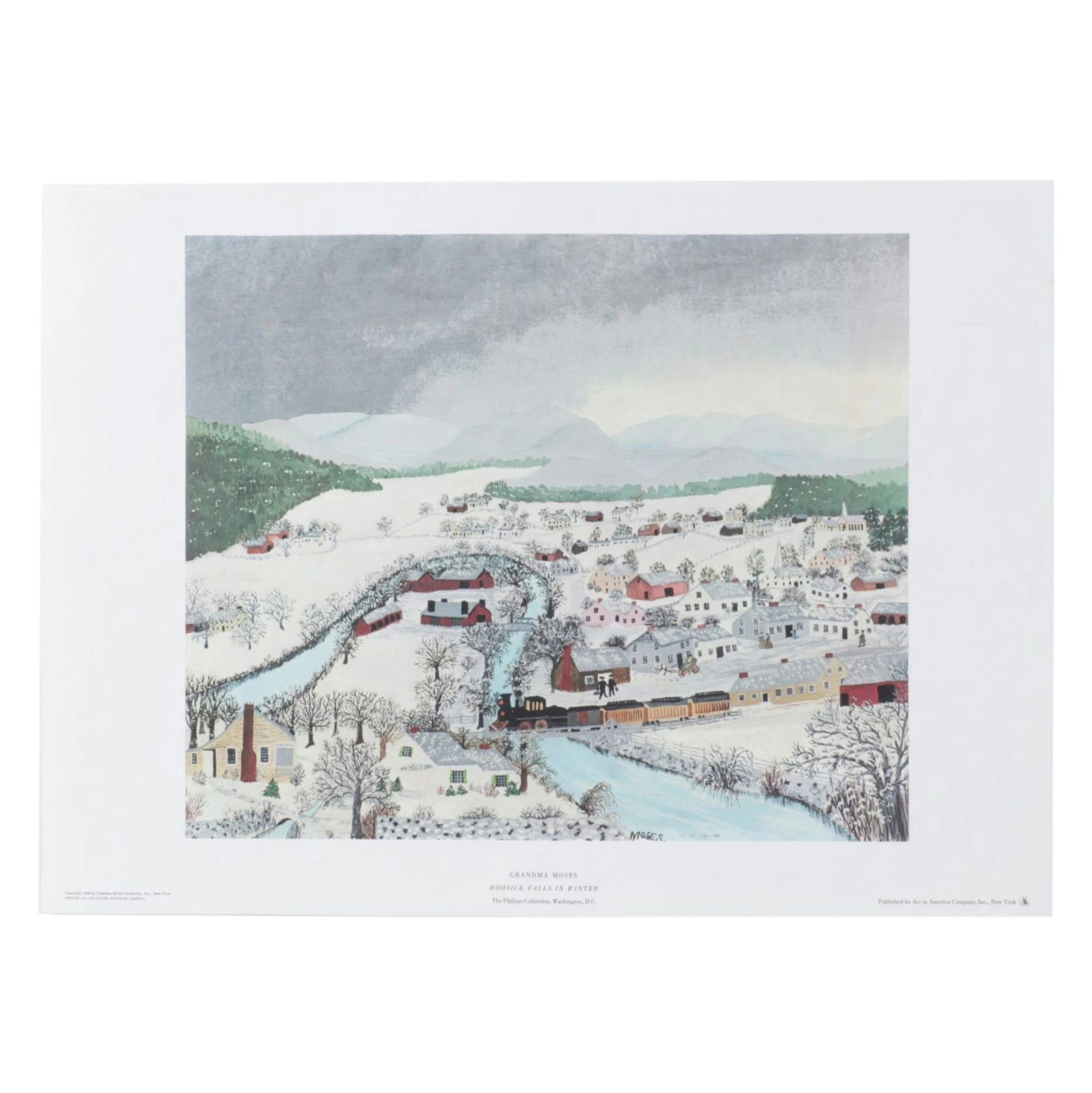 Folk Art Offset Lithograph After Grandma Moses "Hoosick Falls in Winter", 1945