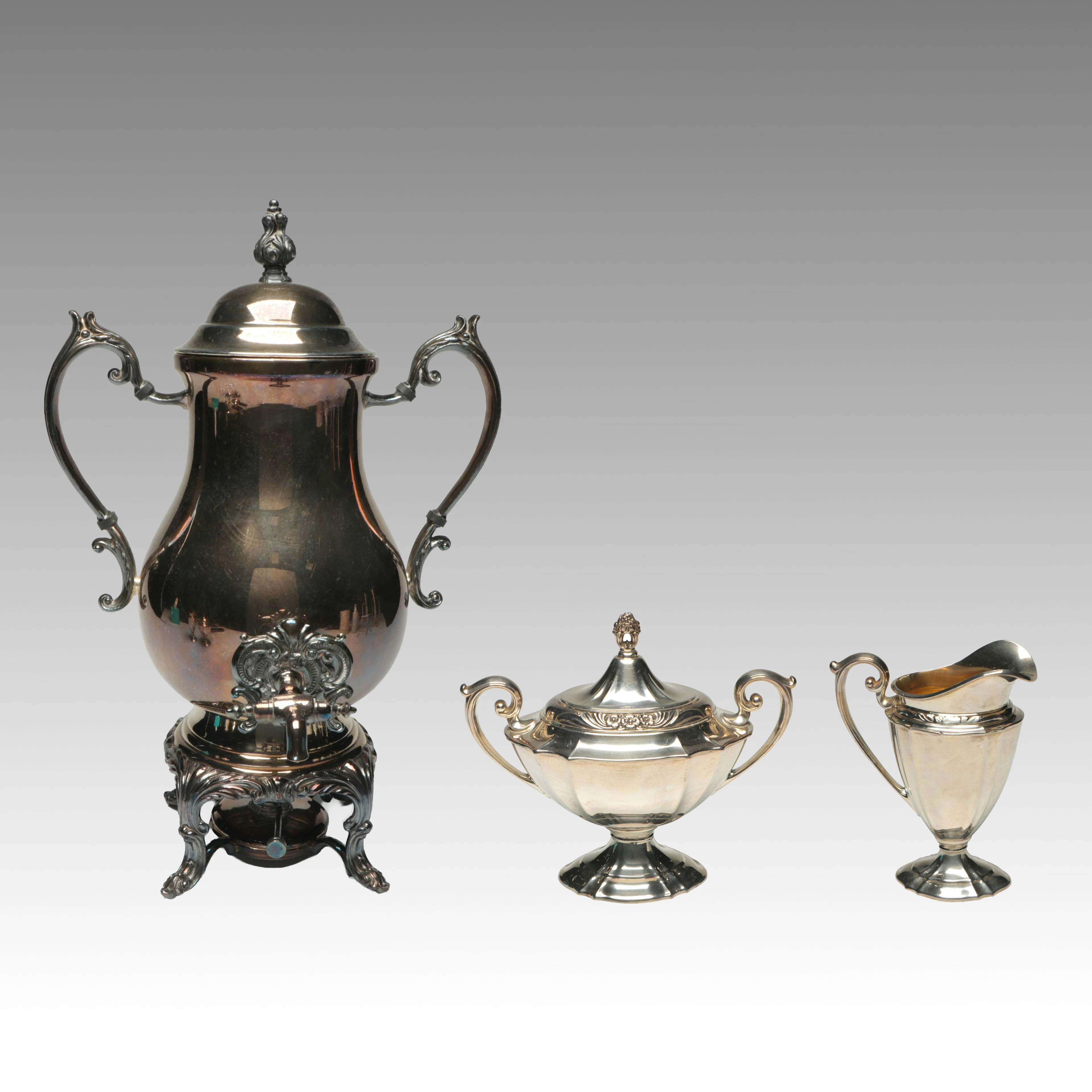 F. B. Rogers Silver Plate Samovar with Rogers Bros. Creamer and Sugar Bowl