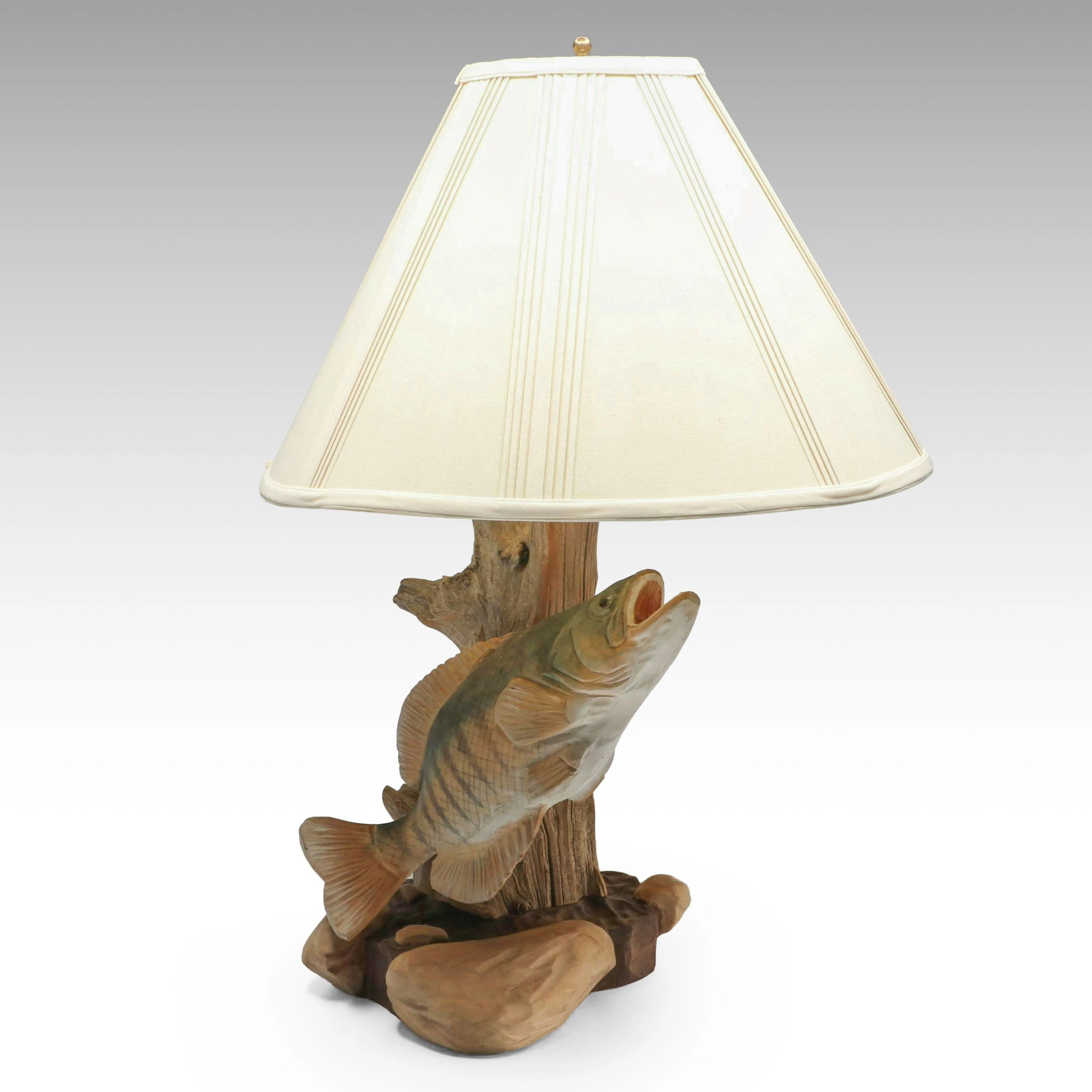 David Ownby Rustic Hand-Carved Bass Wood Table Lamp with Cotton Shade