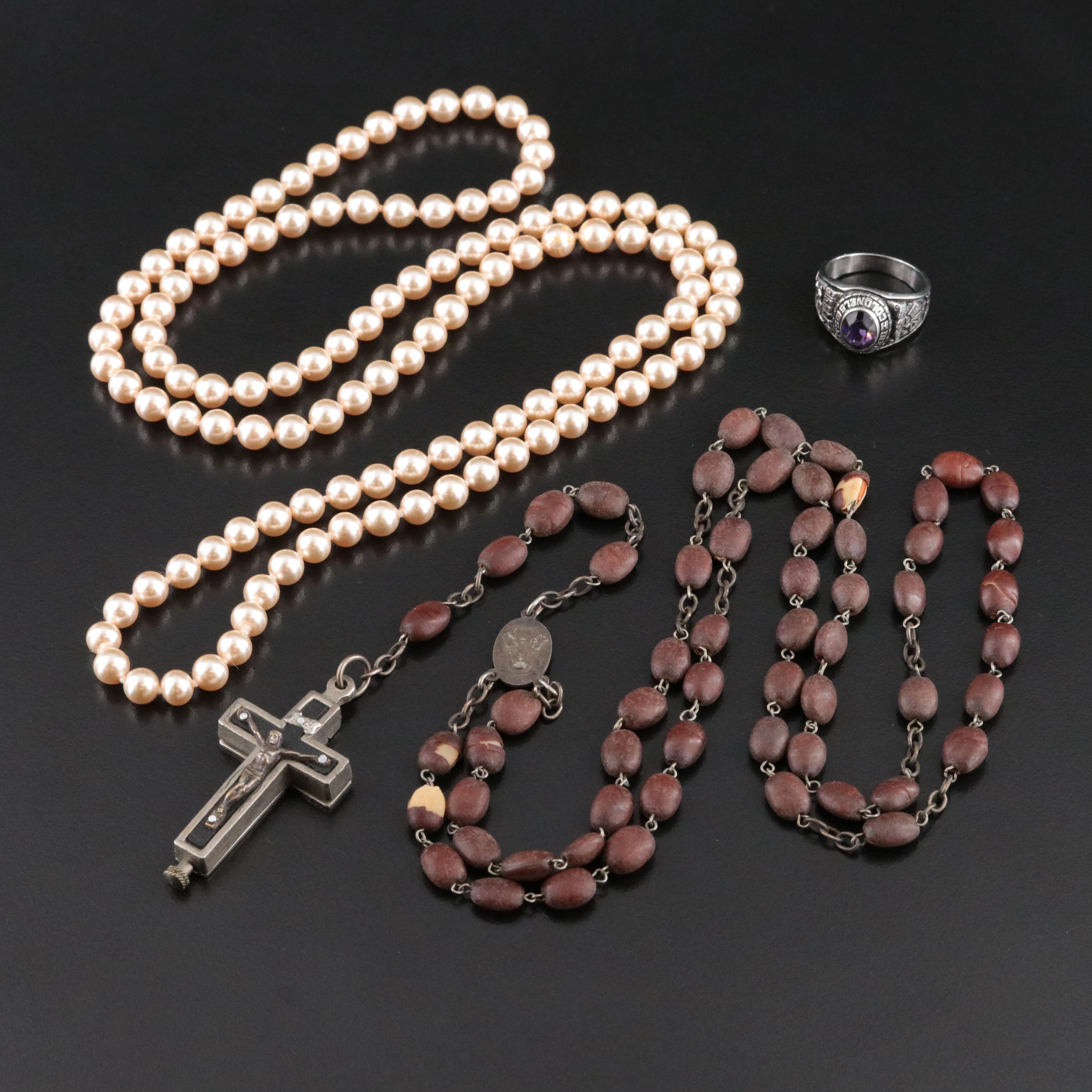 Reliquary Rosary, Faux Pearl Necklace and Amethyst Class Ring