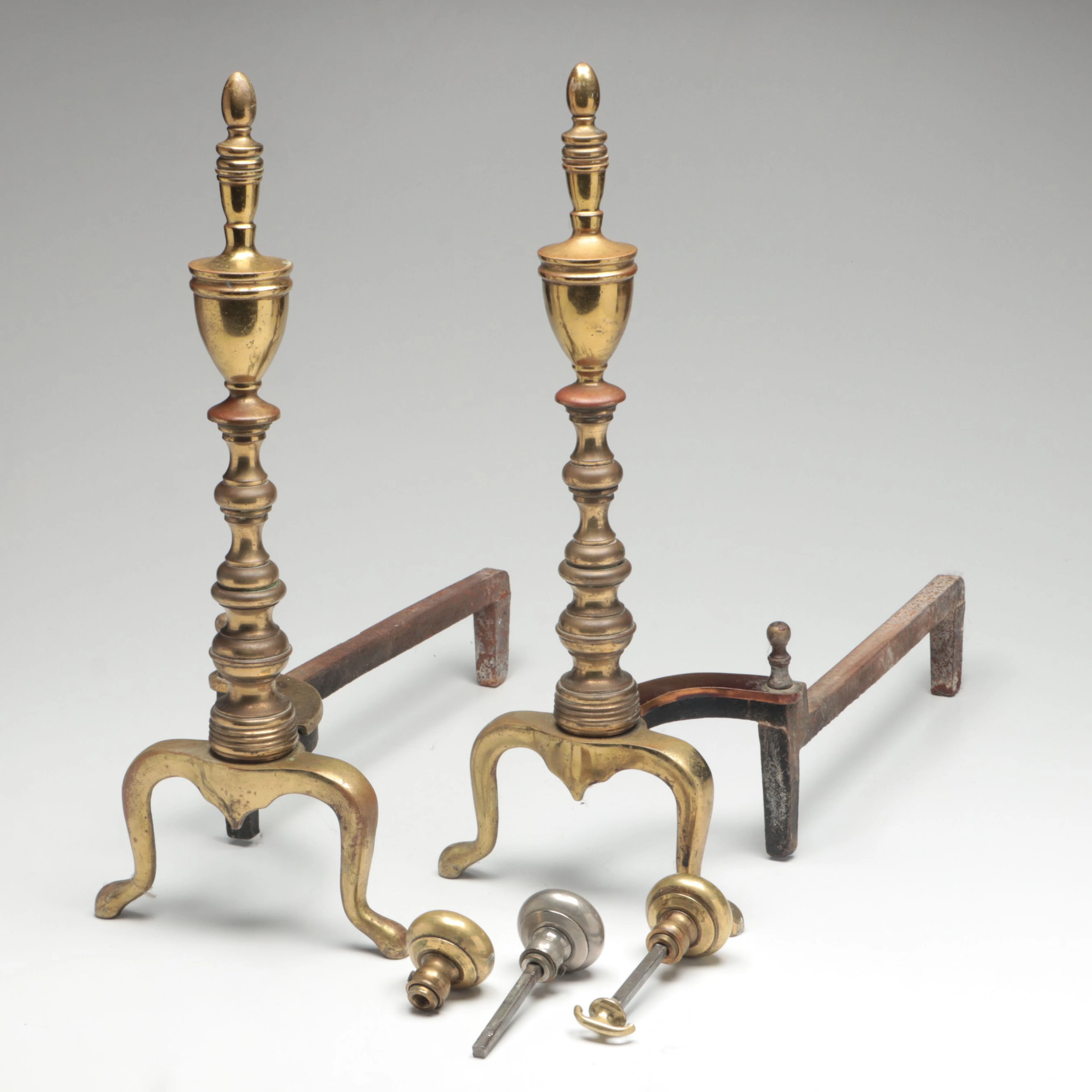 Chippendale Style Brass Andirons and Doorknobs, 20th Century
