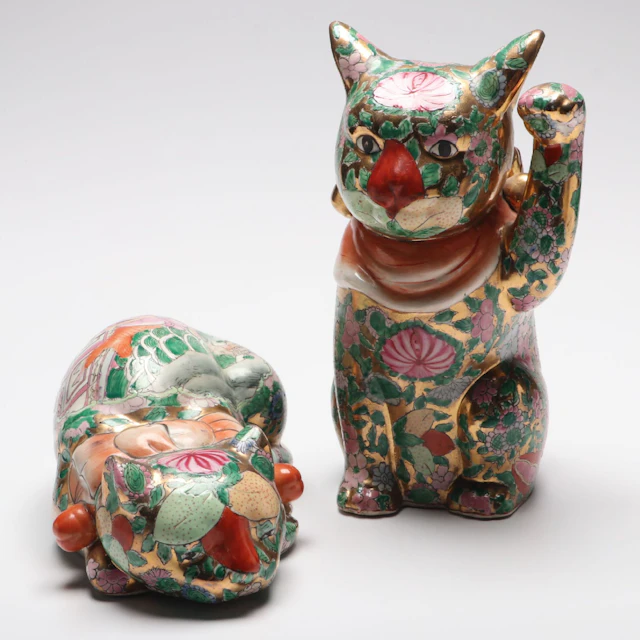 Oklahoma Importing Co. Mid-Century Chinese Style Hand-Painted Porcelain Cats