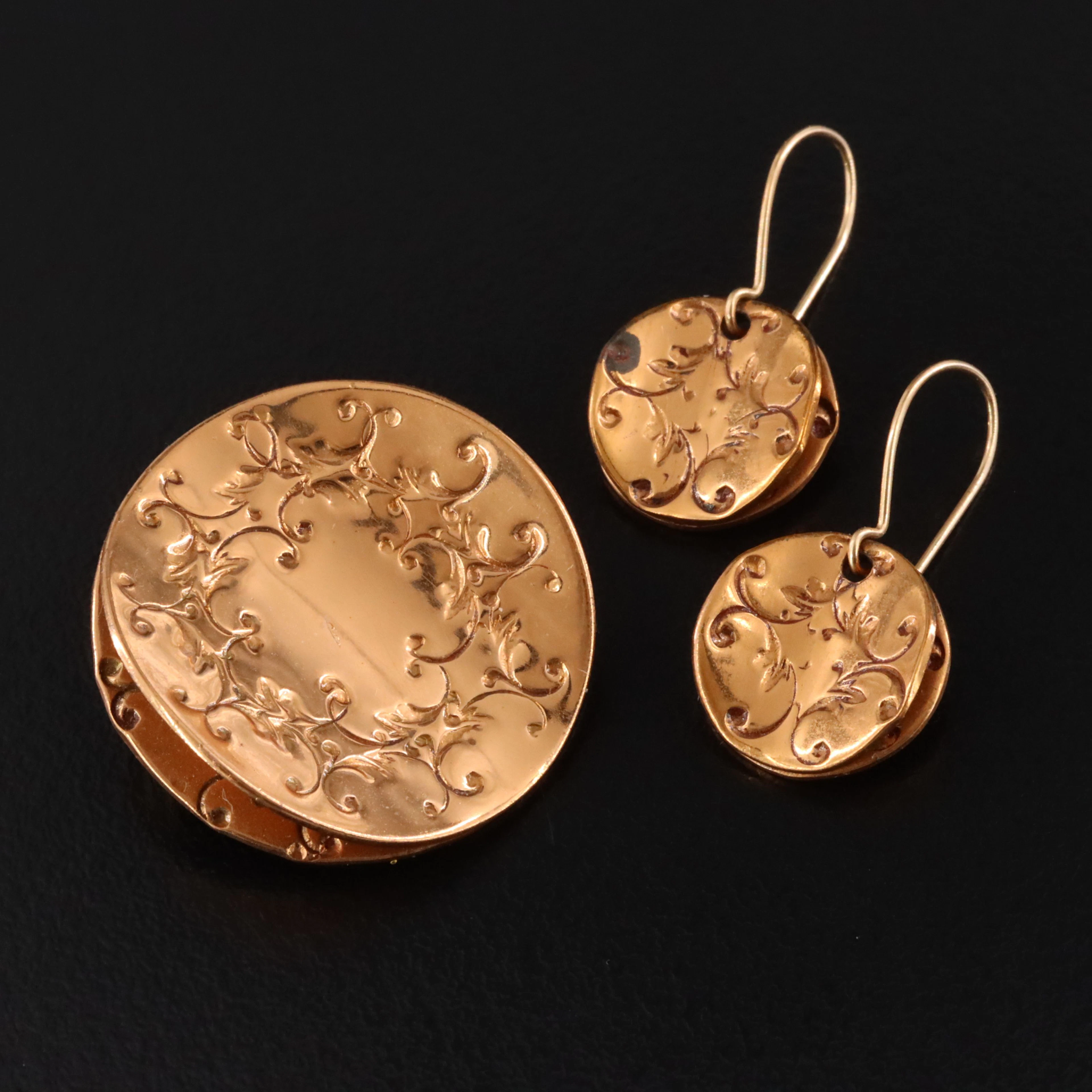 Vintage Gret Barkin Copper Stampwork Disc Brooch & Earrings Set