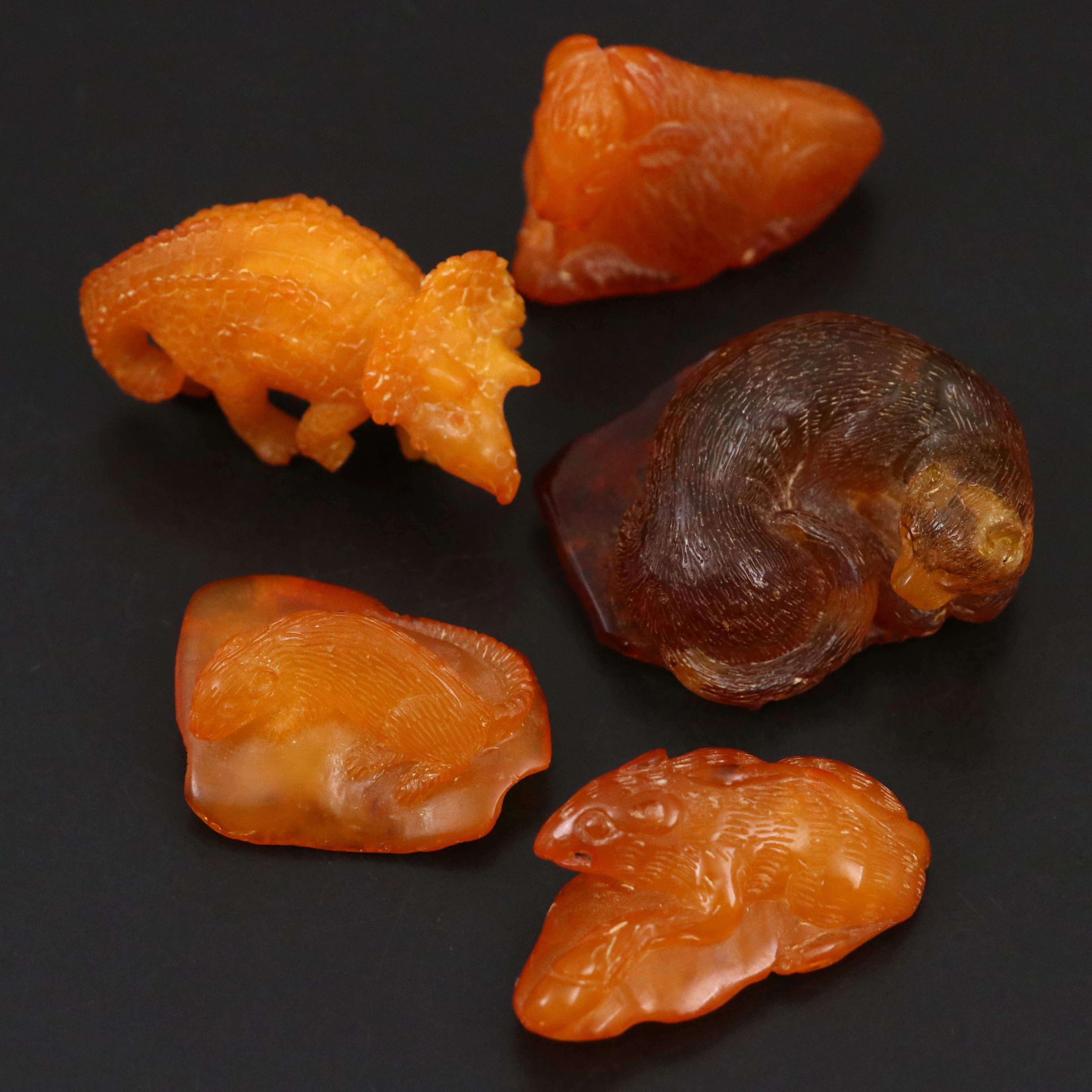 Chinese Carved Mutton Fat Amber Rodents, Triceratops and Other Animals