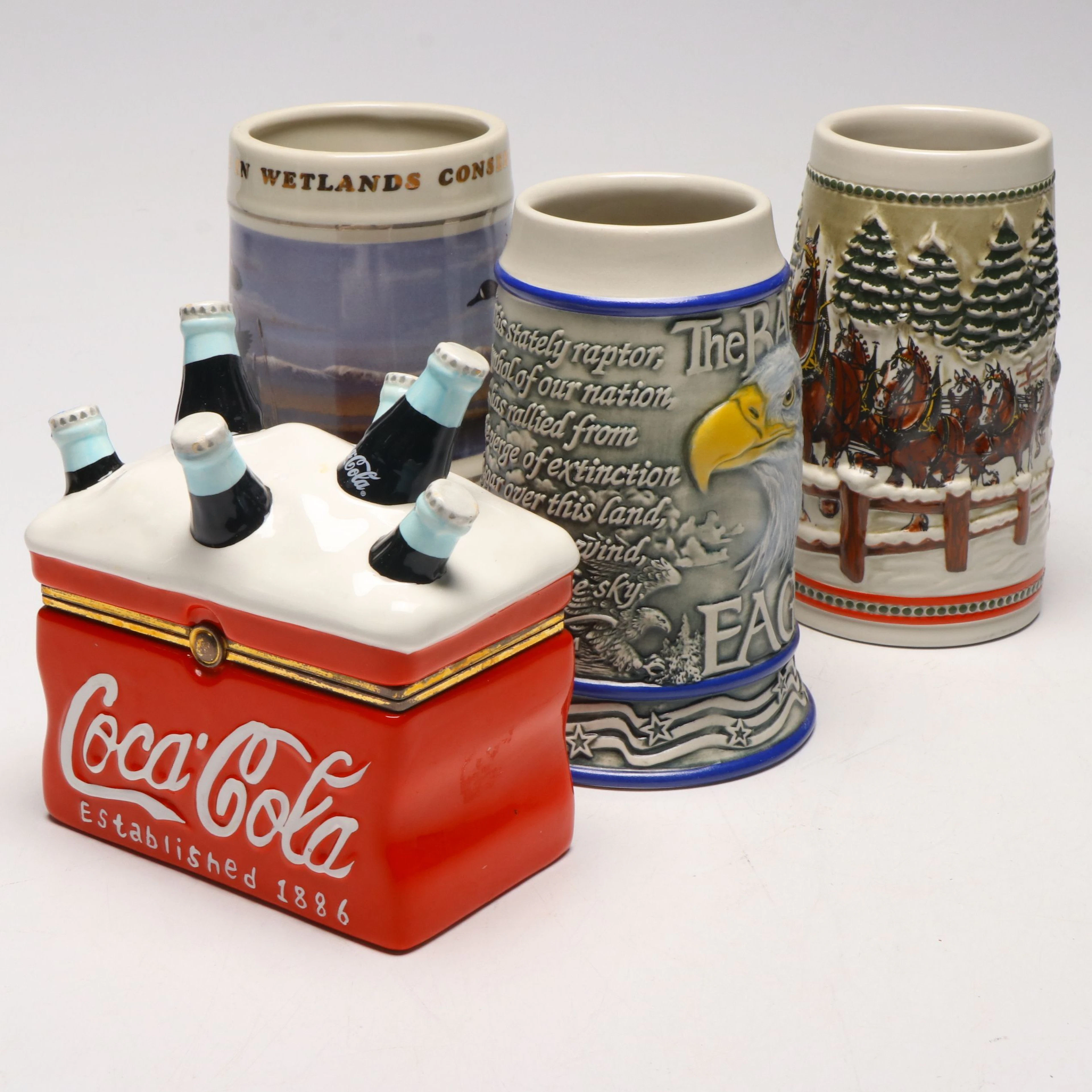 Three Budweiser Ceramic Collector Steins and Coca-Cola Cooler Lidded Box
