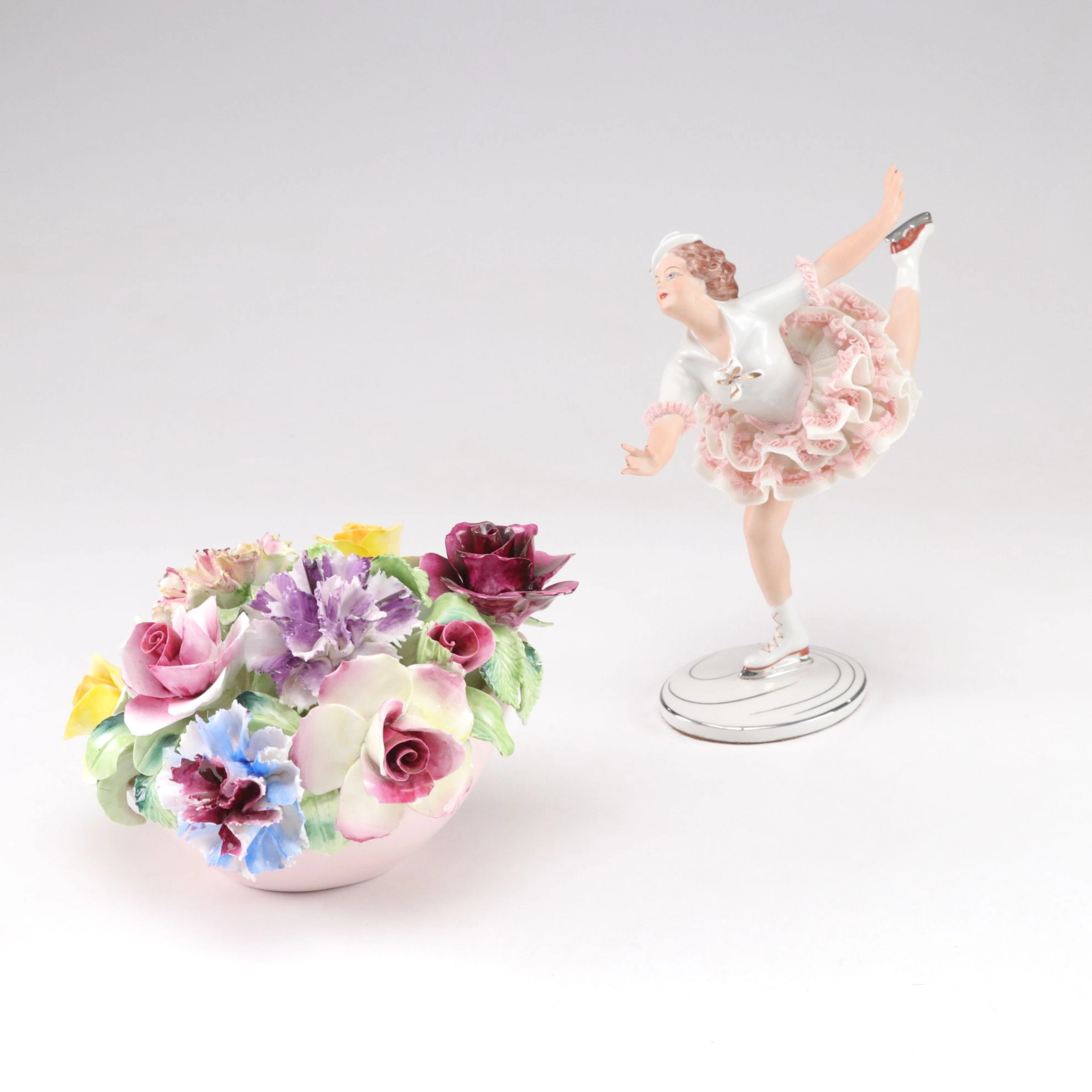 Dresden Lace Porcelain Figure Skater with Radnor Bone China Floral Bouquet