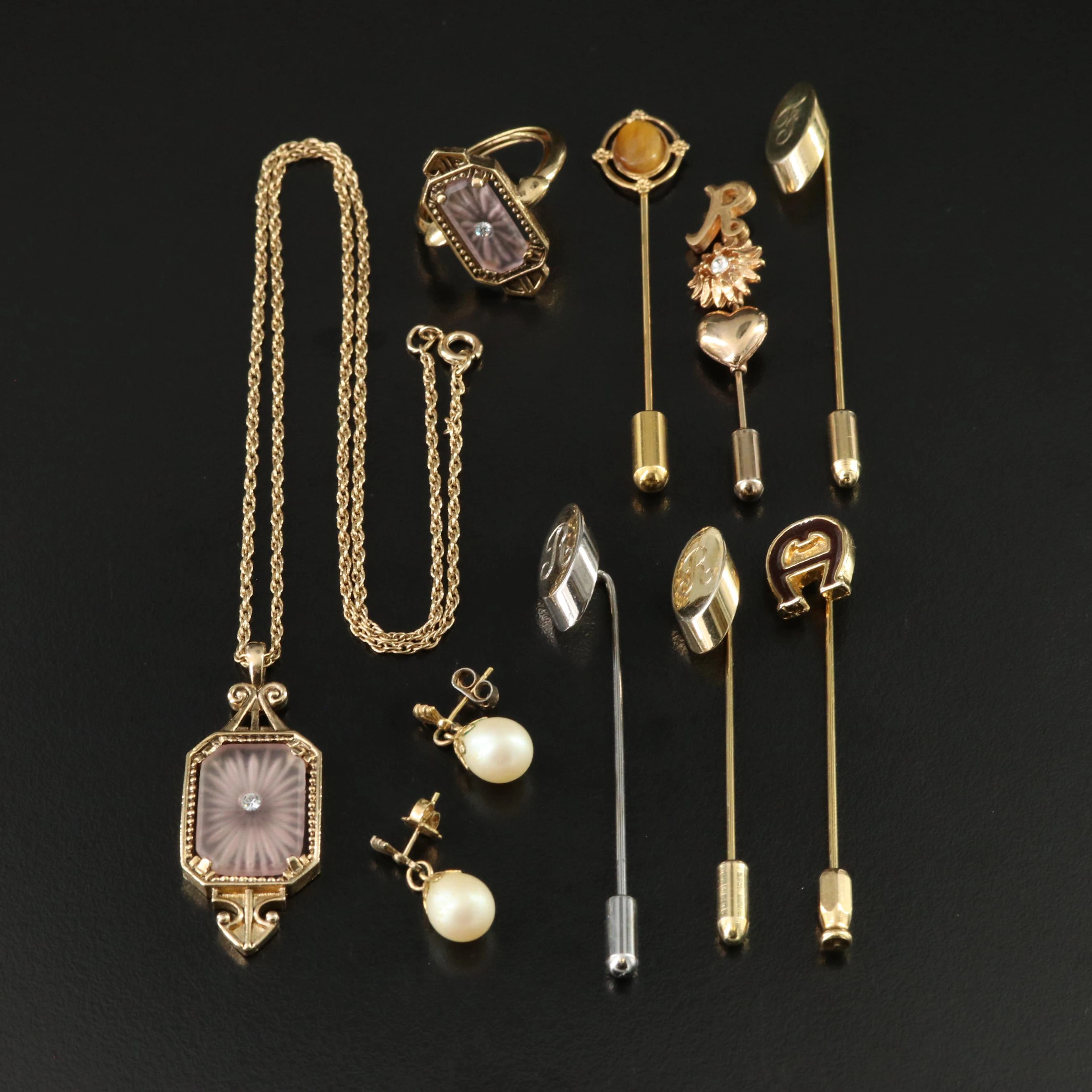 Jewelry Collection Including Avon Jewelry Set, Stickpins and Earrings