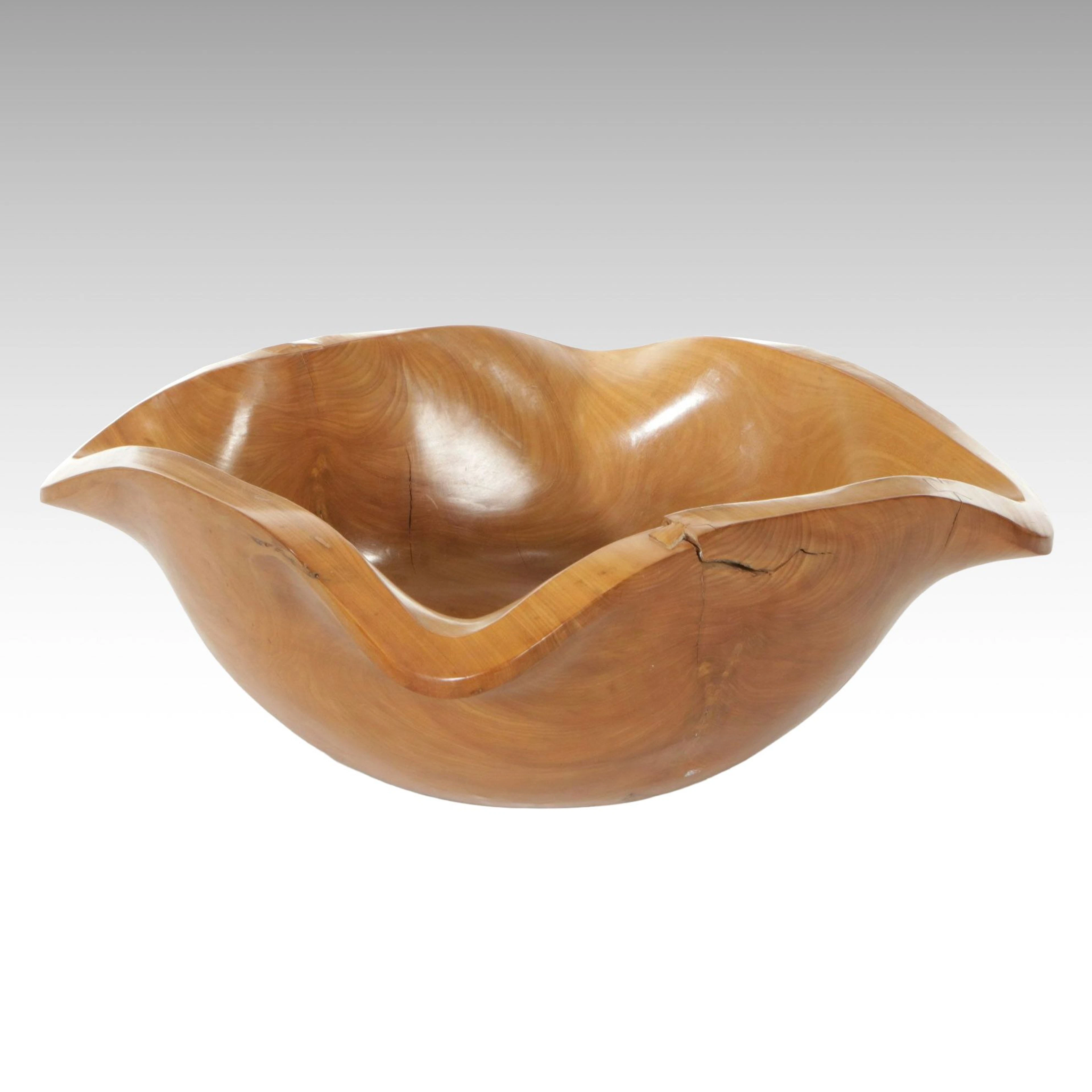 Carved Wood Decorative Bowl with Undulating Lip