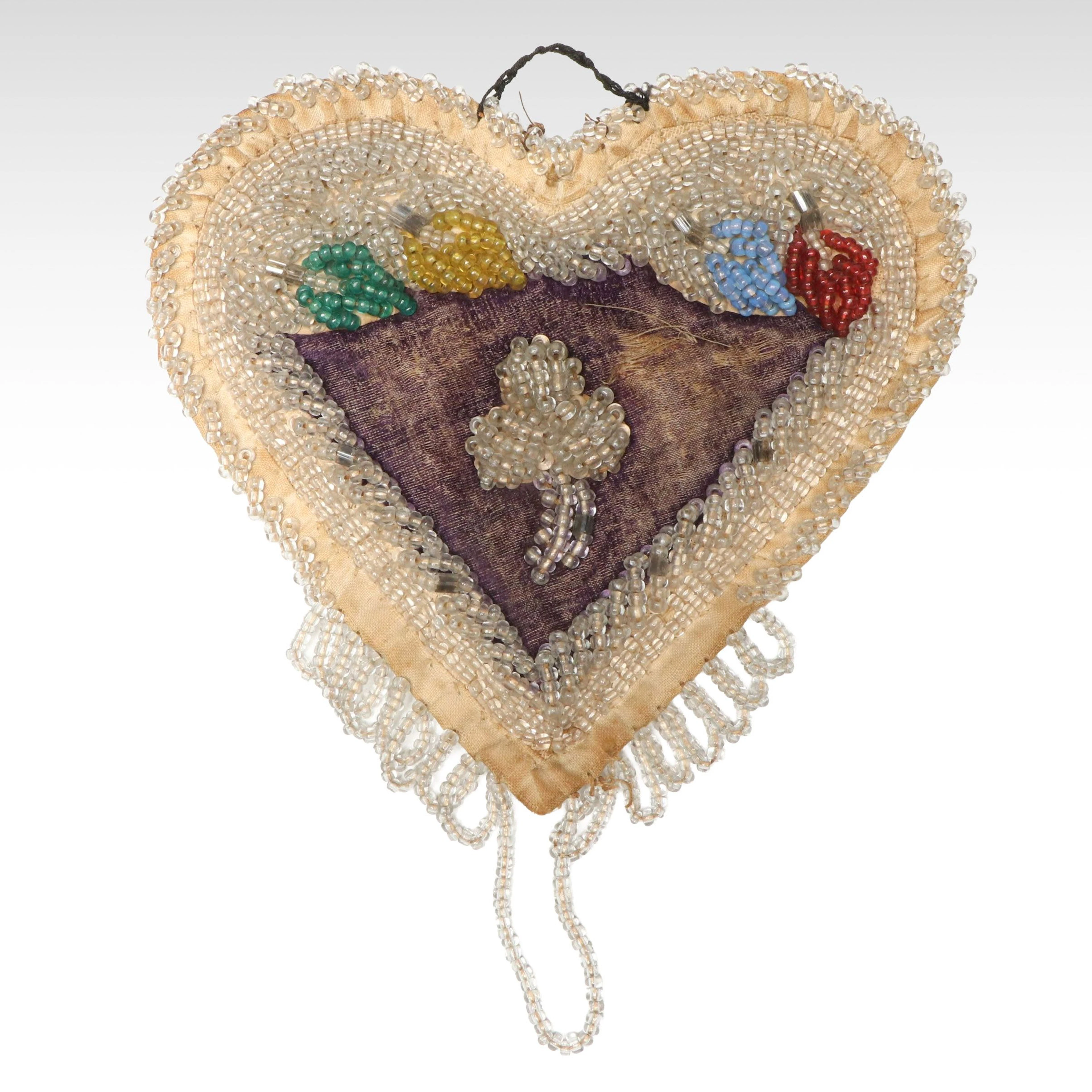 Late Victorian Style Hand-Beaded Haudenosaunee Velvet and Cotton Heart Whimsy