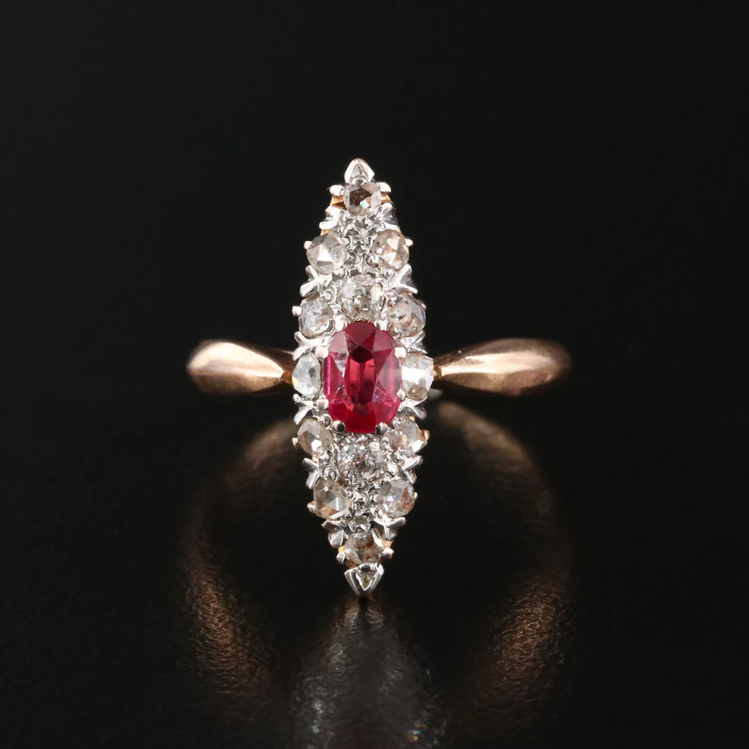 Edwardian 18K Ruby and Diamond Navette Ring
