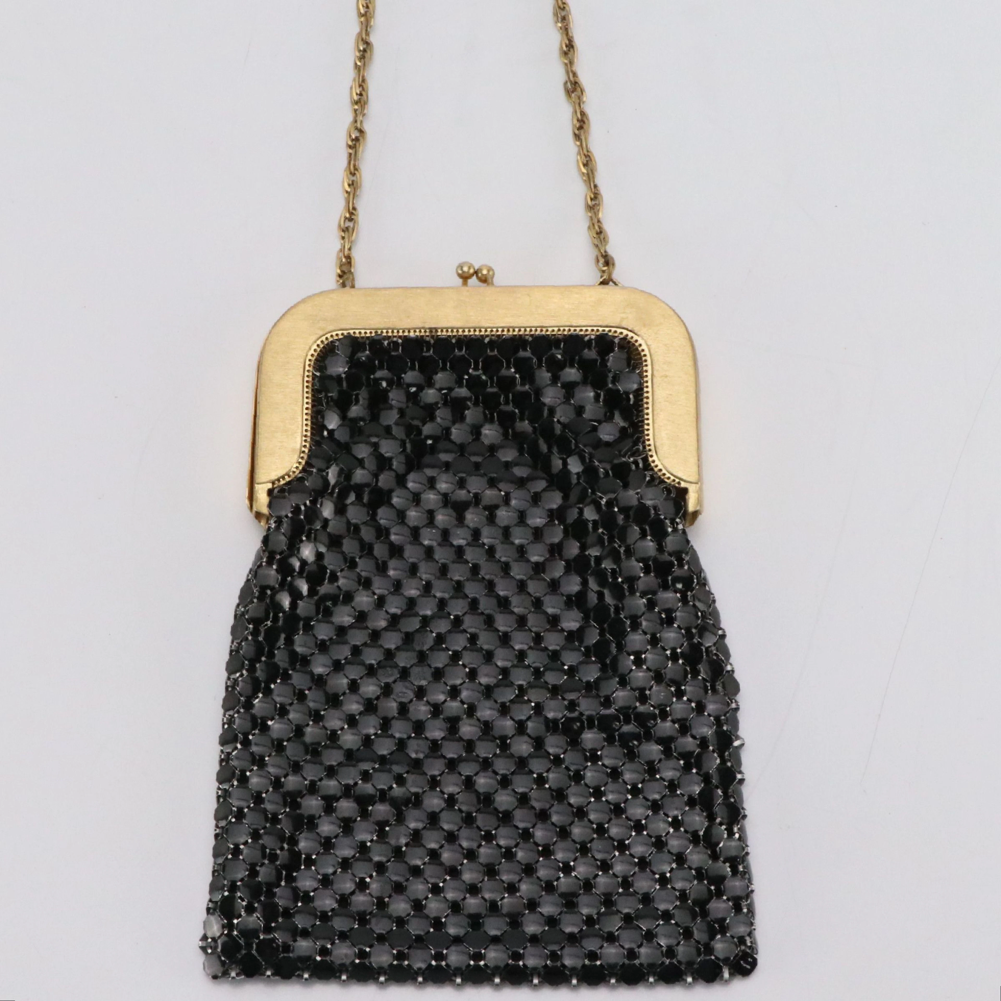 Whiting & Davis Gold Kisslock Frame Black Metal Mesh Shoulder Bag