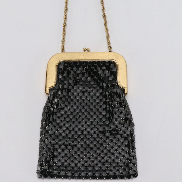 Whiting & Davis Gold Kisslock Frame Black Metal Mesh Shoulder Bag