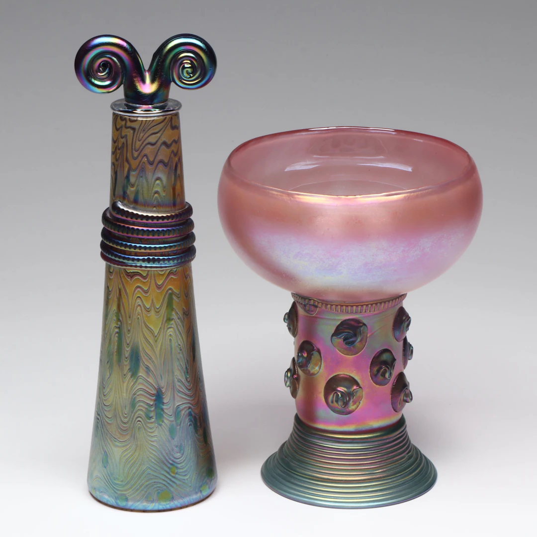 Artist Signed Blown Iridescent Art Glass Decanter and Pedestal Compote
