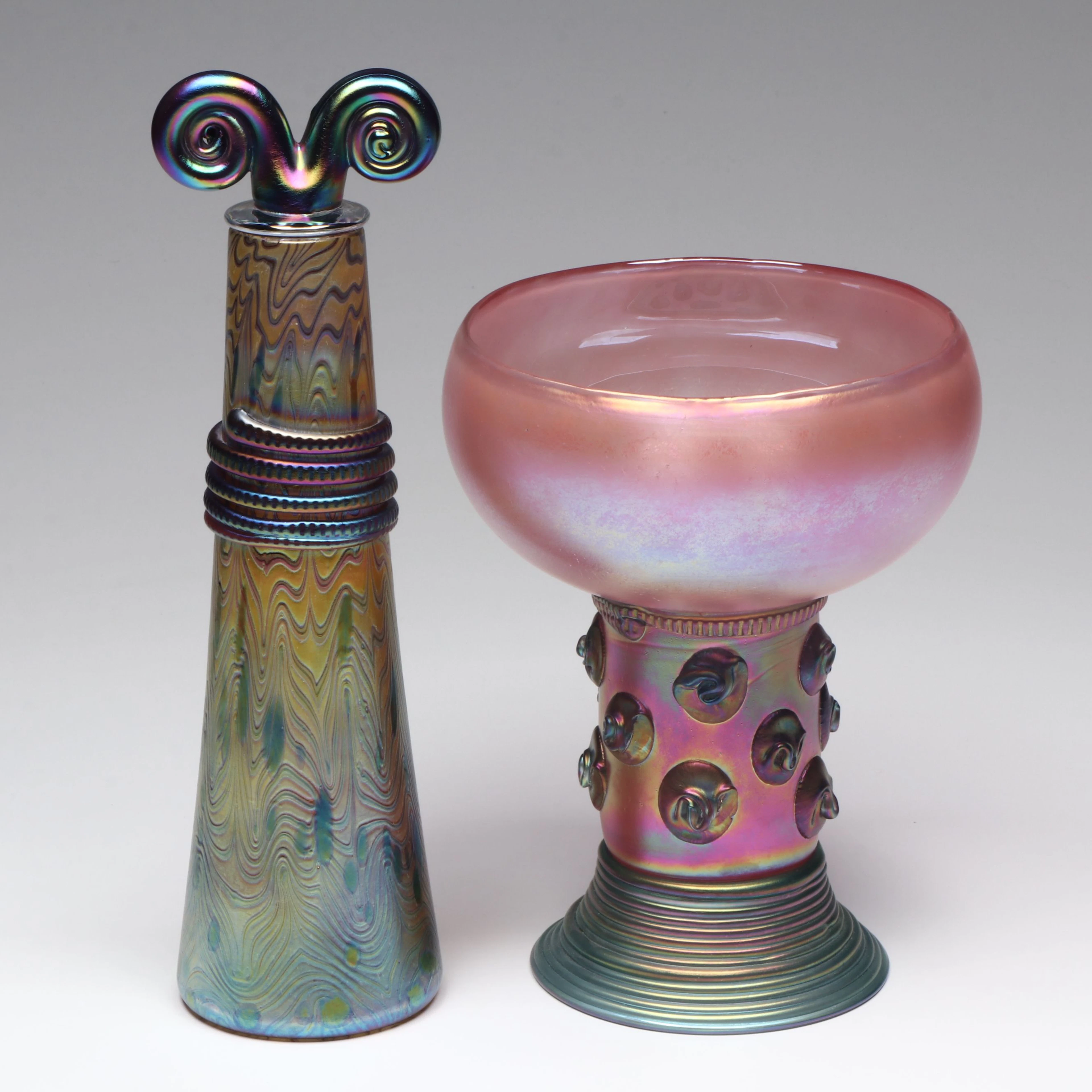 Artist Signed Blown Iridescent Art Glass Decanter and Pedestal Compote