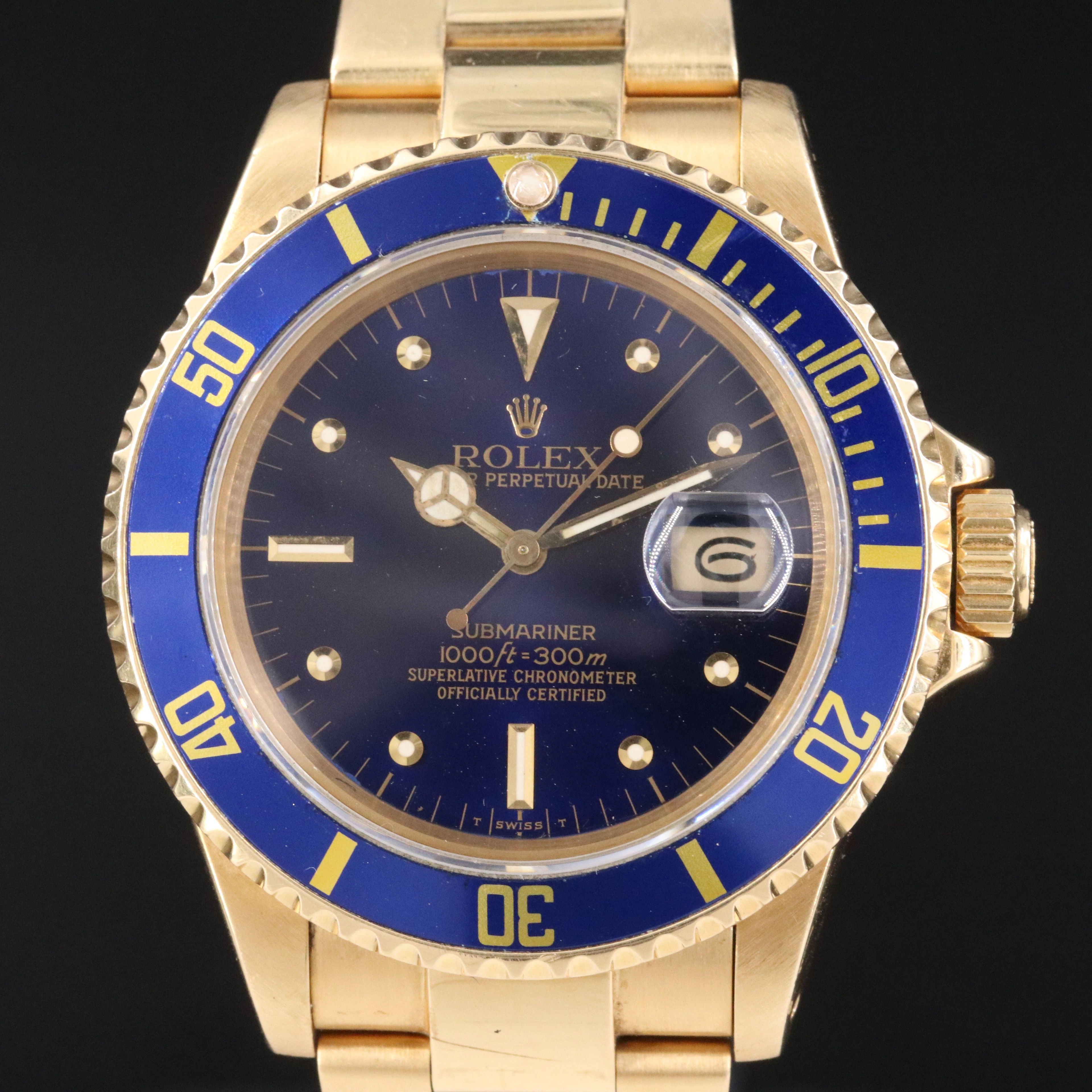 Vintage Rolex 18K Submariner 16808 Blue "Nipple Dial" 40mm Watch, c.1983