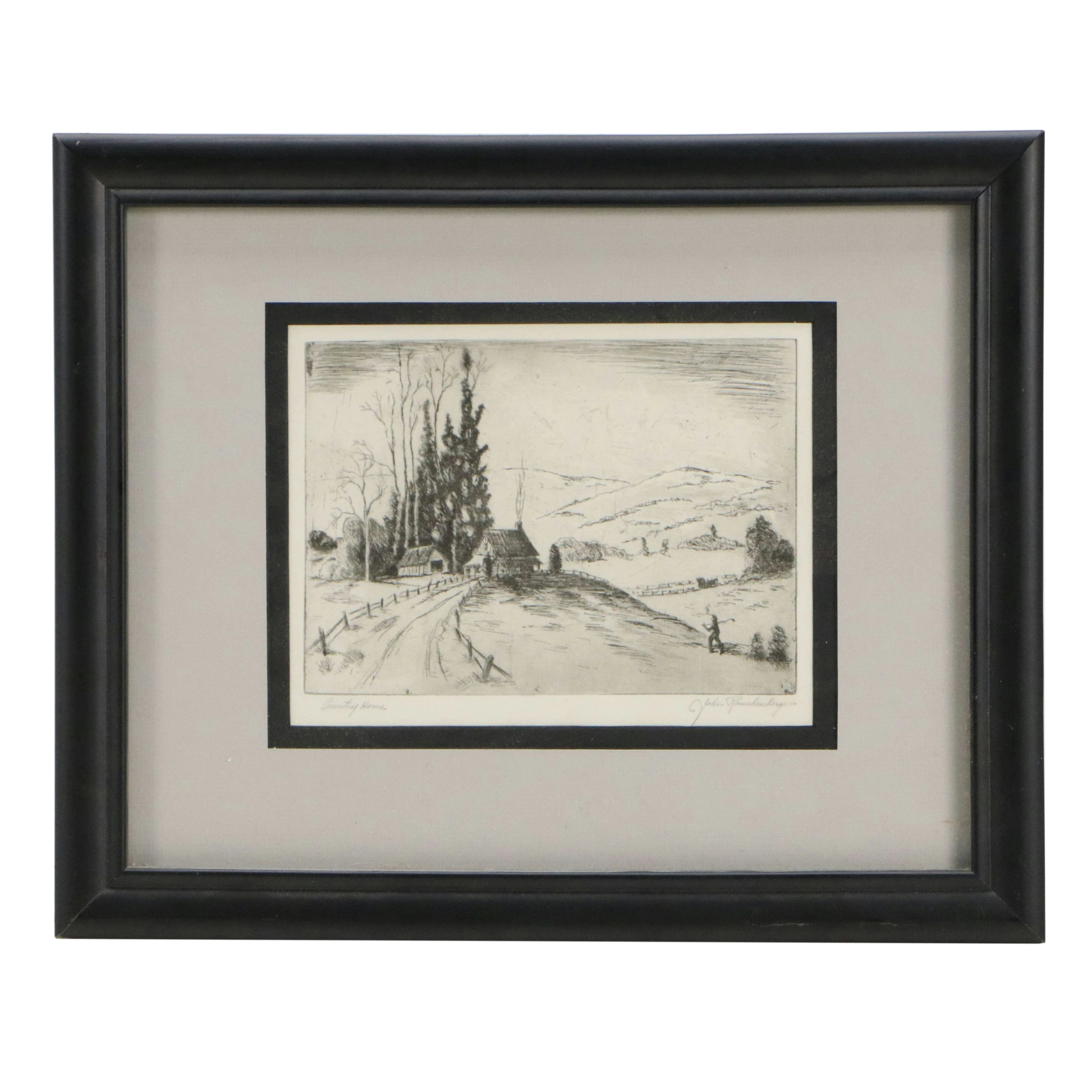 John Rauschenberger Pastoral Etching "Country Home," Mid to Late 20th Century