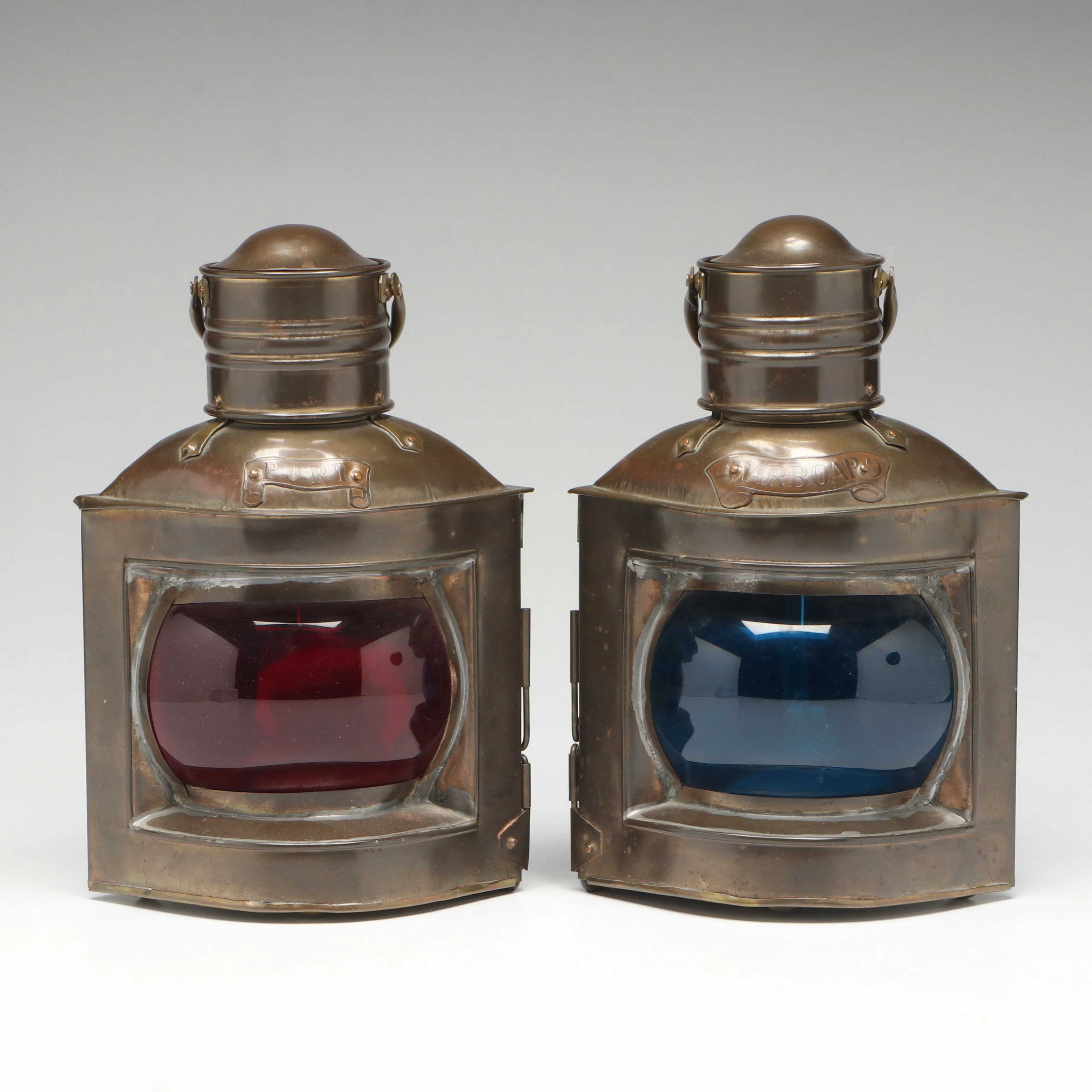 Mid-Century Brass Maritime Port and Starboard Signal Oil lanterns