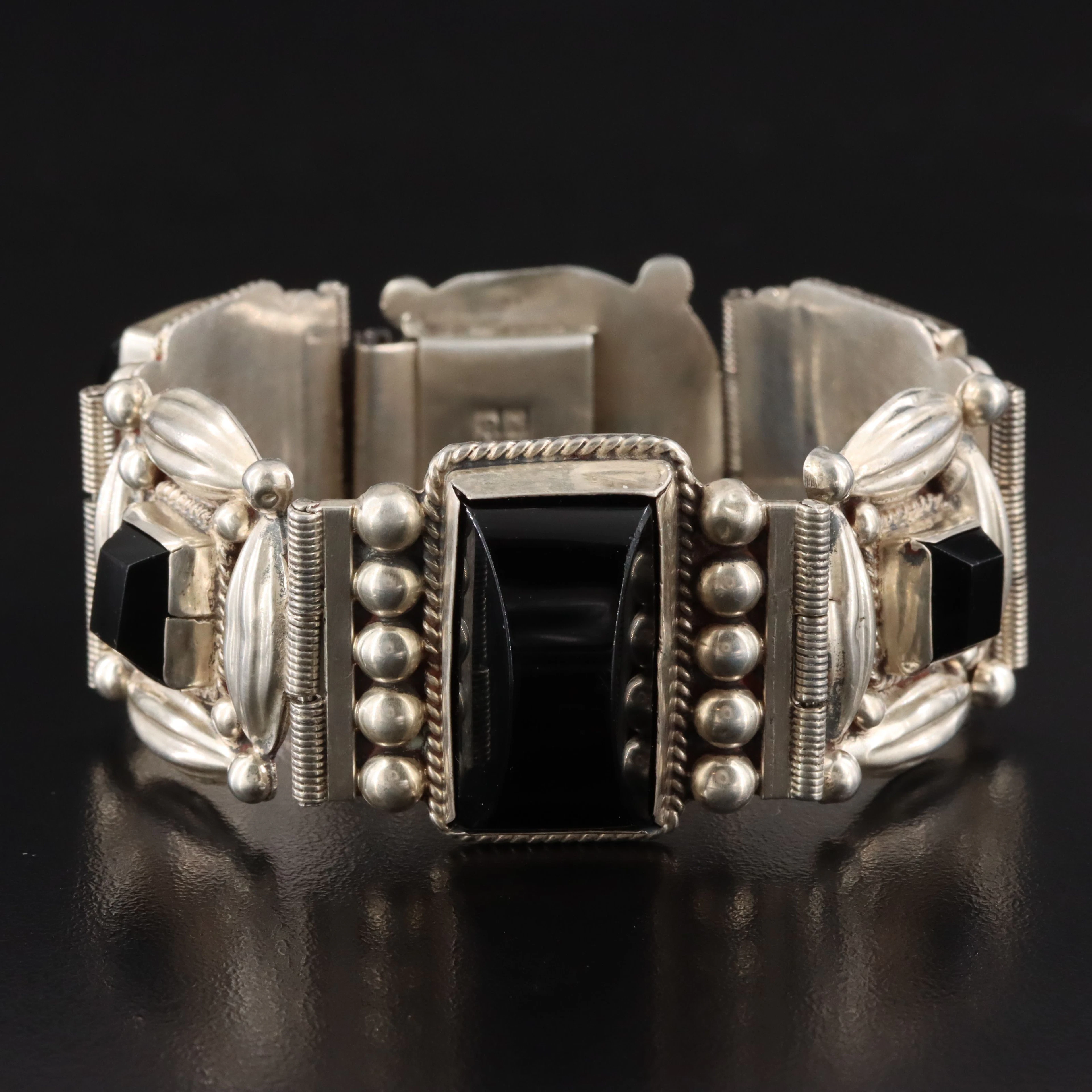 Mexican Sterling Obsidian Panel Bracelet