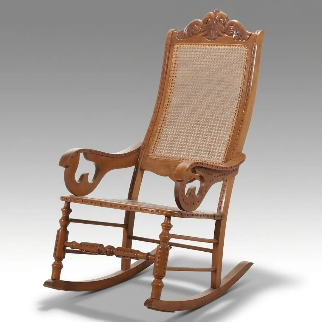 Carved Wood and Caned Rocking Chair, Late 19th/Early 20th Century