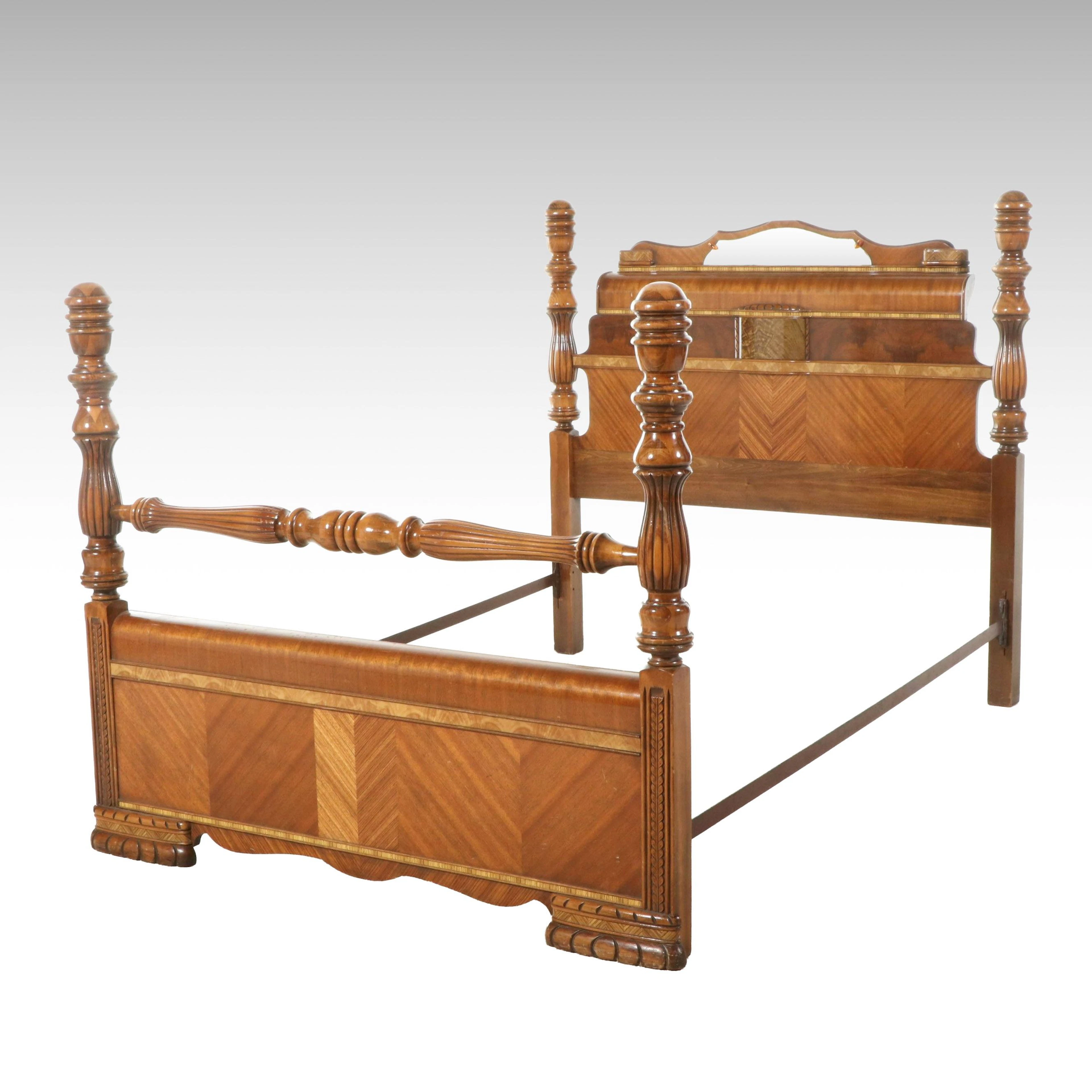 Antique Art Deco Style Waterfall Veneer Four-Poster Bed Frame